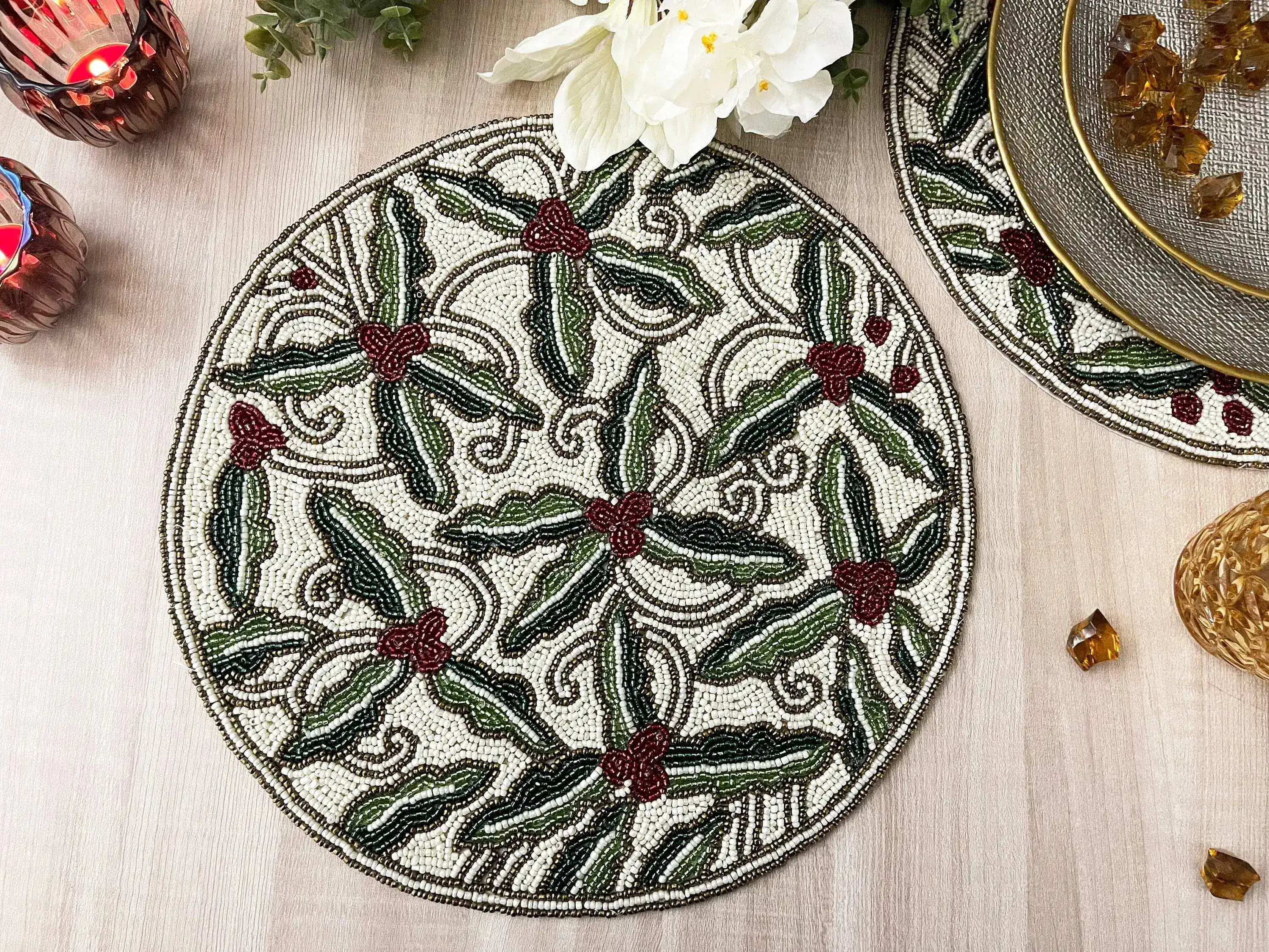 Christmas Floral Round Beaded Placemat - Image 3