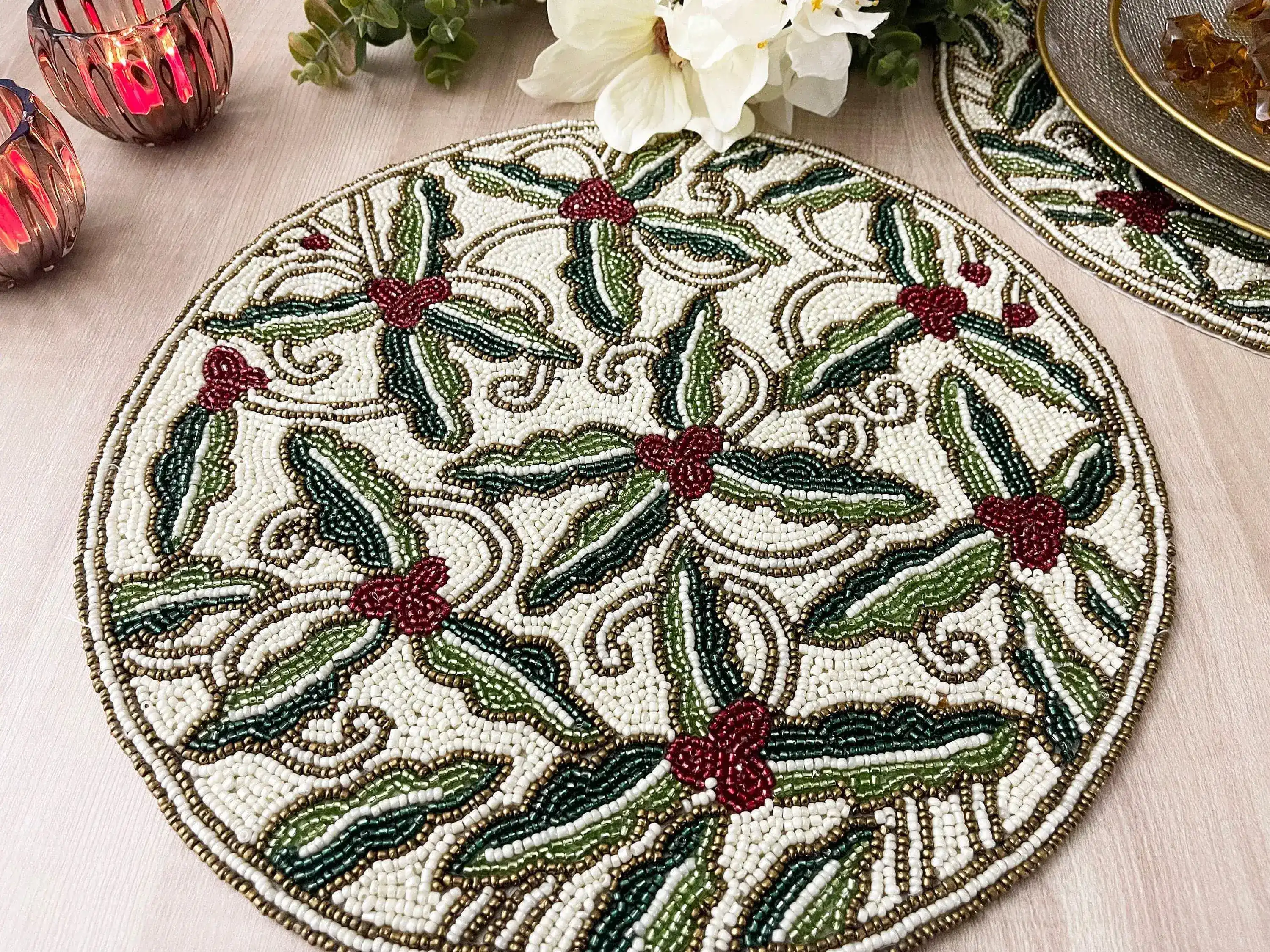 Christmas Floral Round Beaded Placemat - Image 5