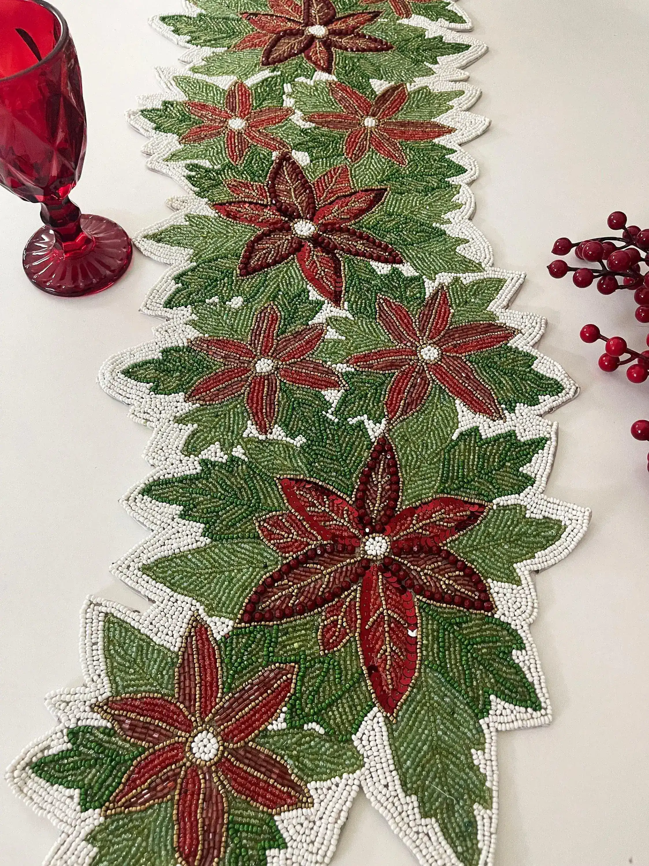 Christmas Flowers and Leaves Beaded Table Runner - Image 3