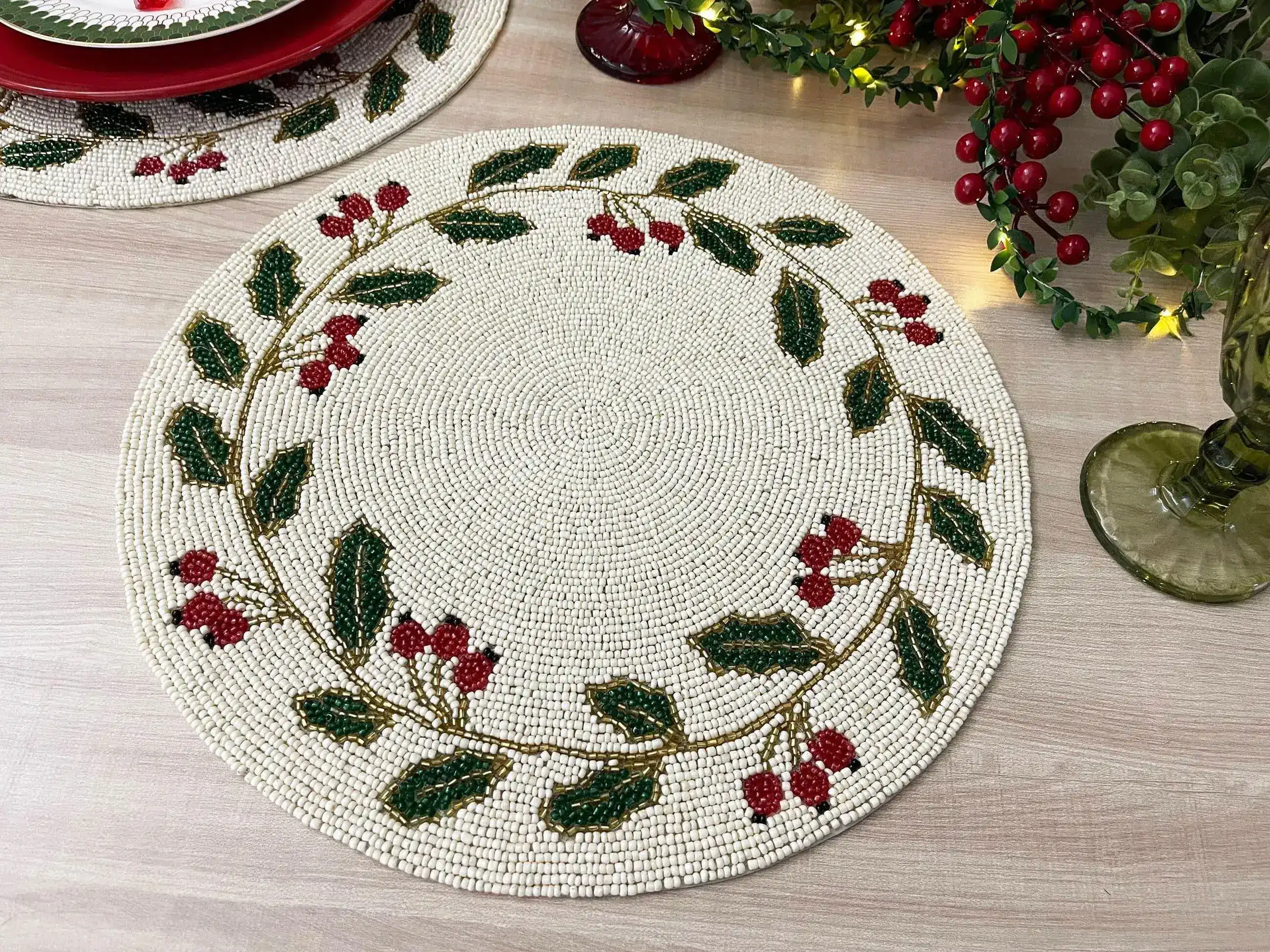Christmas Holly Berry Leaves Round Beaded Placemat - Image 4