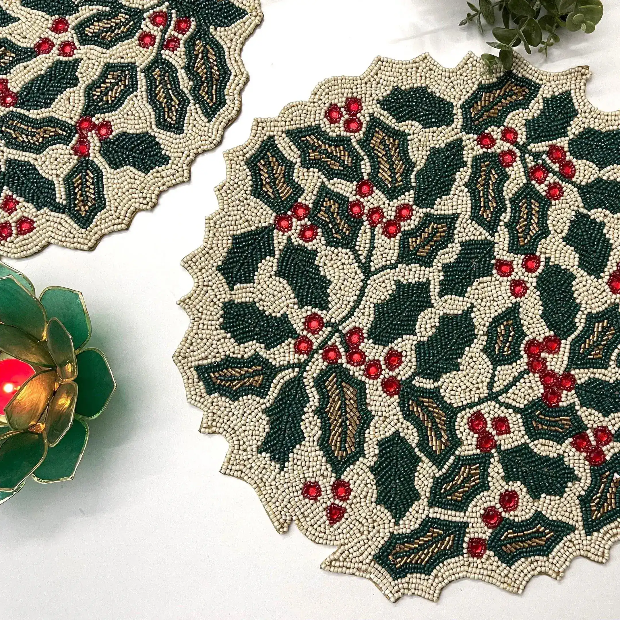 Christmas Holly Berry Round Beaded Placemat - Image 3