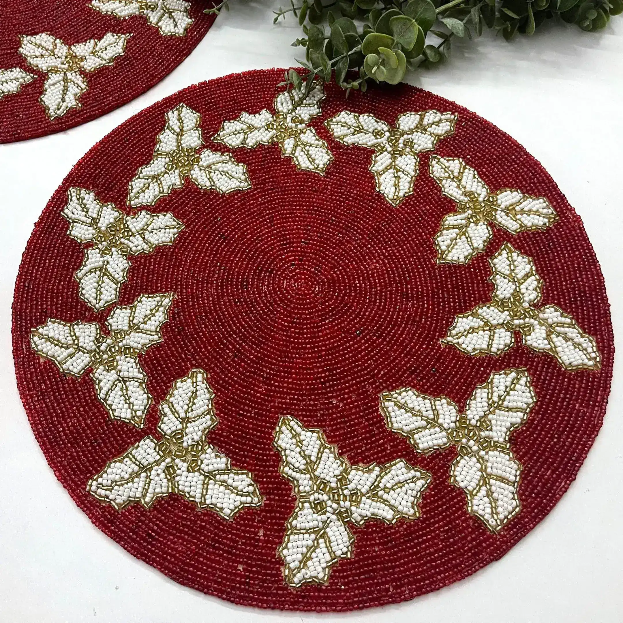 Christmas Holly Berry Round Beaded Placemat - Image 2