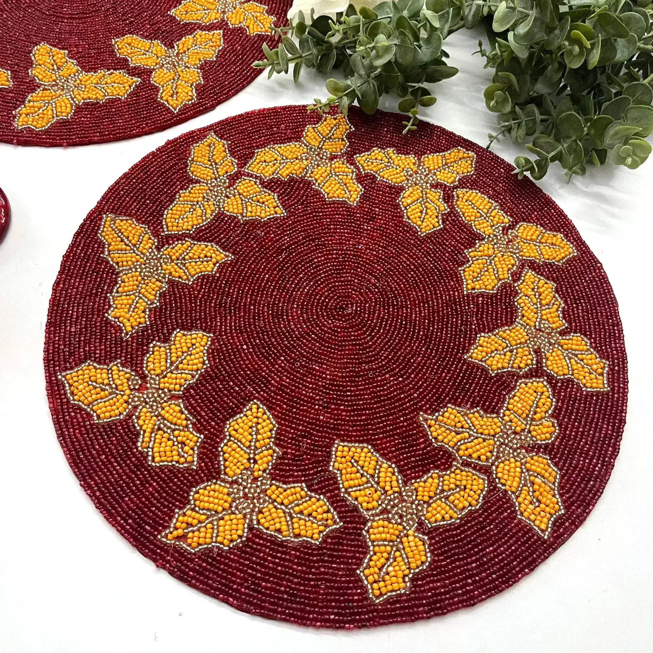 Christmas Holly Berry Round Beaded Placemat - Gold - Set of 6 - Image 5