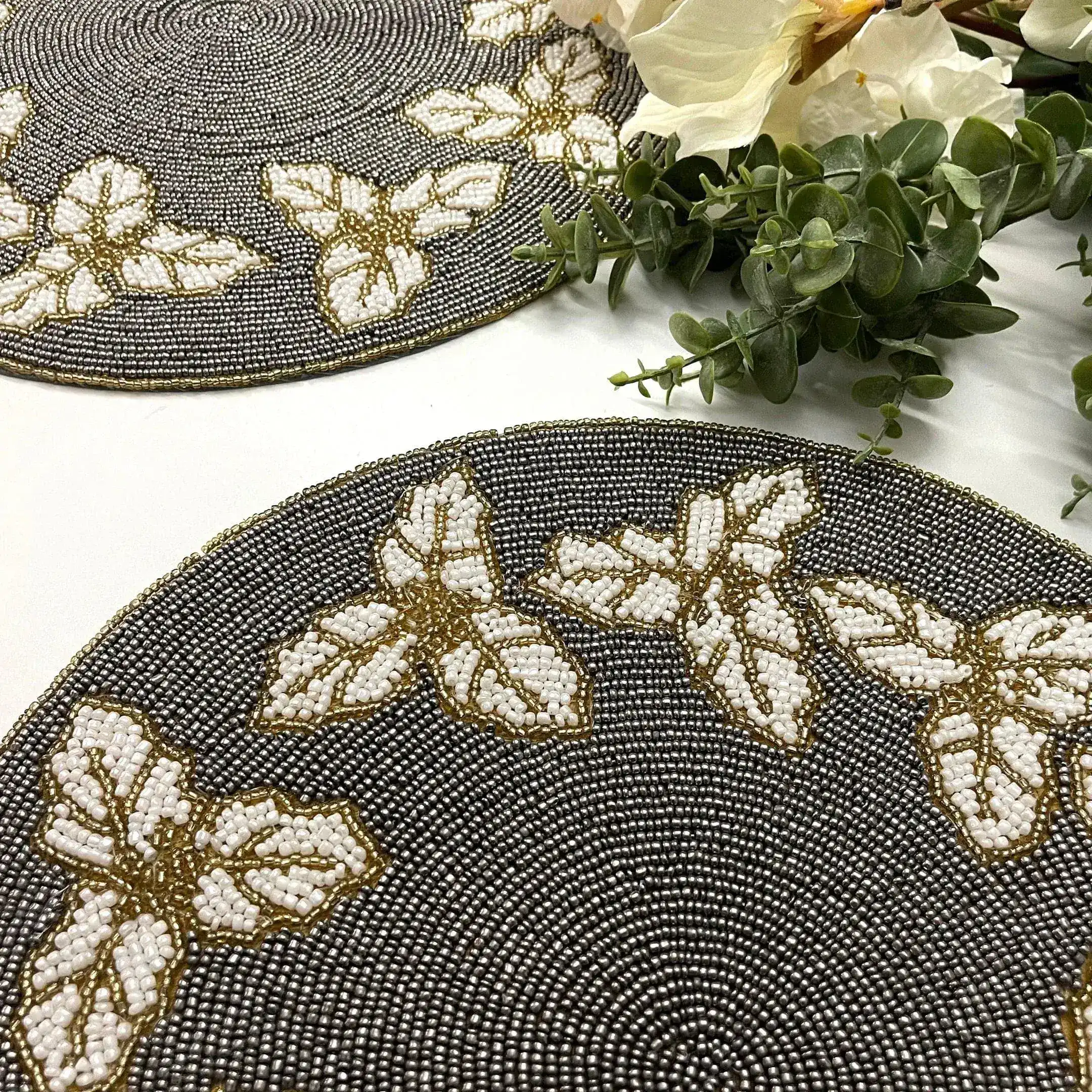Christmas Holly Berry Round Beaded Placemat - Mercury - Image 2