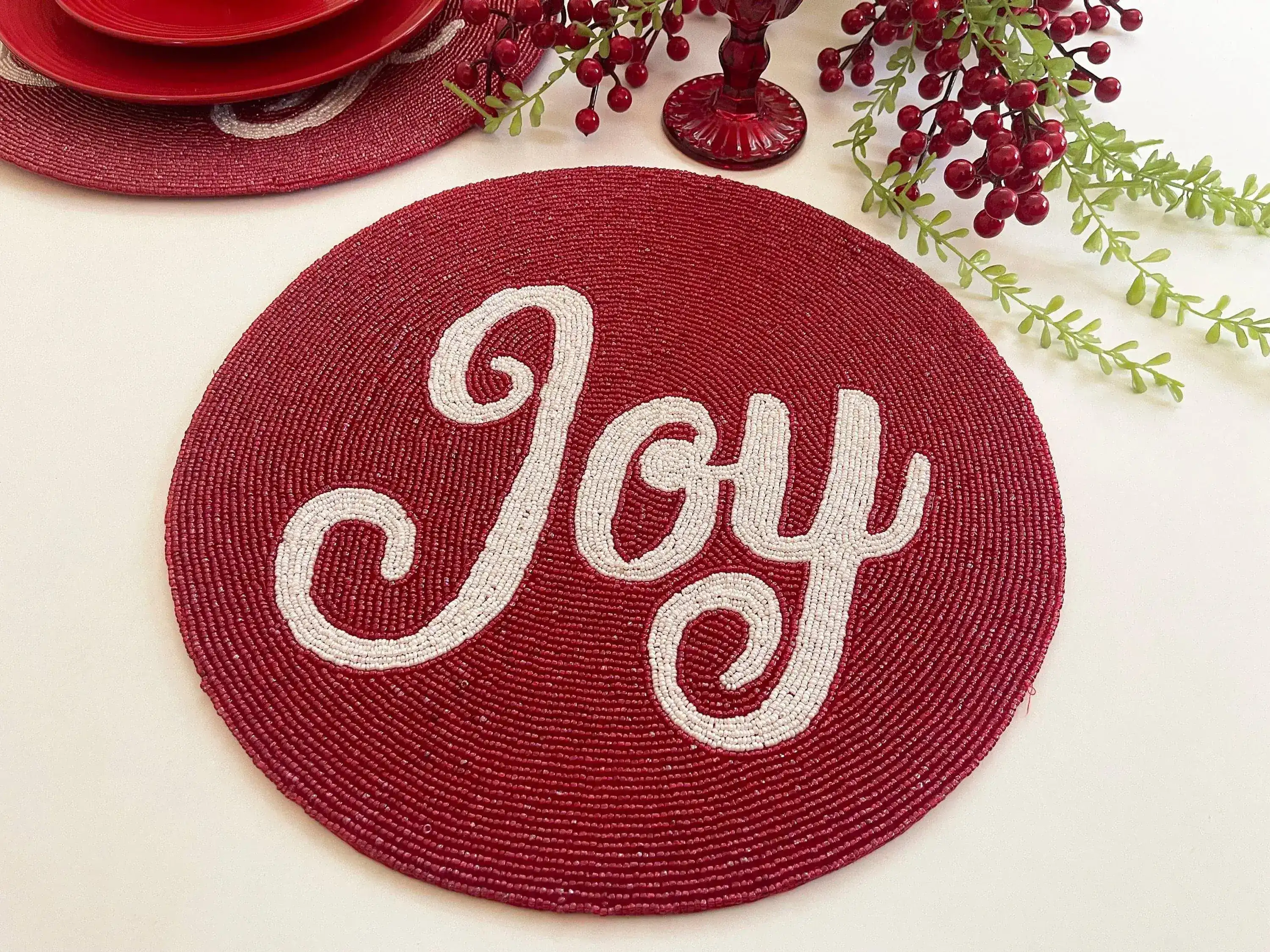 Christmas 'Joy' Round Beaded Placemat - Set of 6 - Image 2
