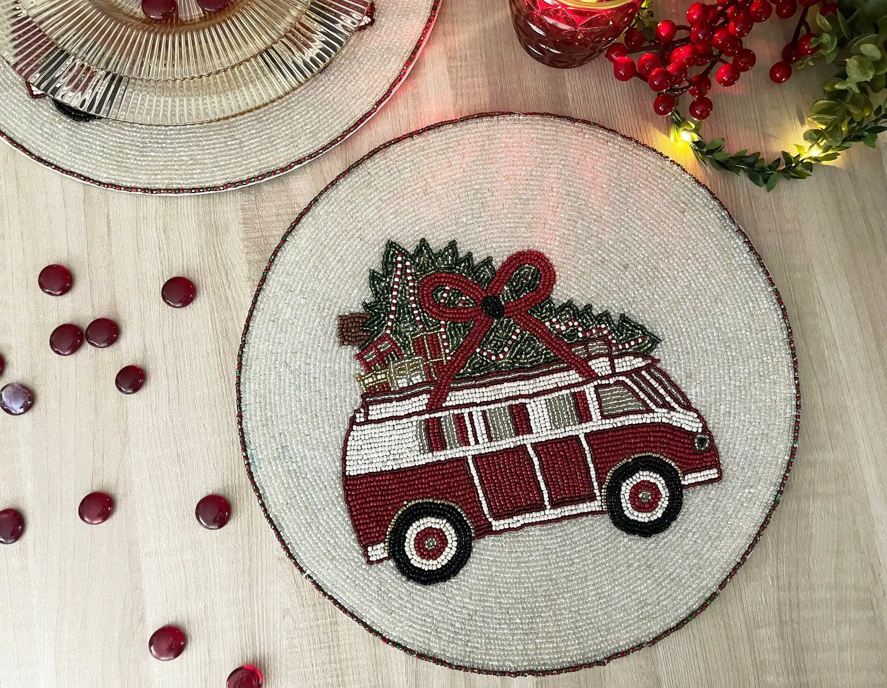 Christmas Red Volkswagen Van Round Beaded Placemat - Set of 6 - Image 3