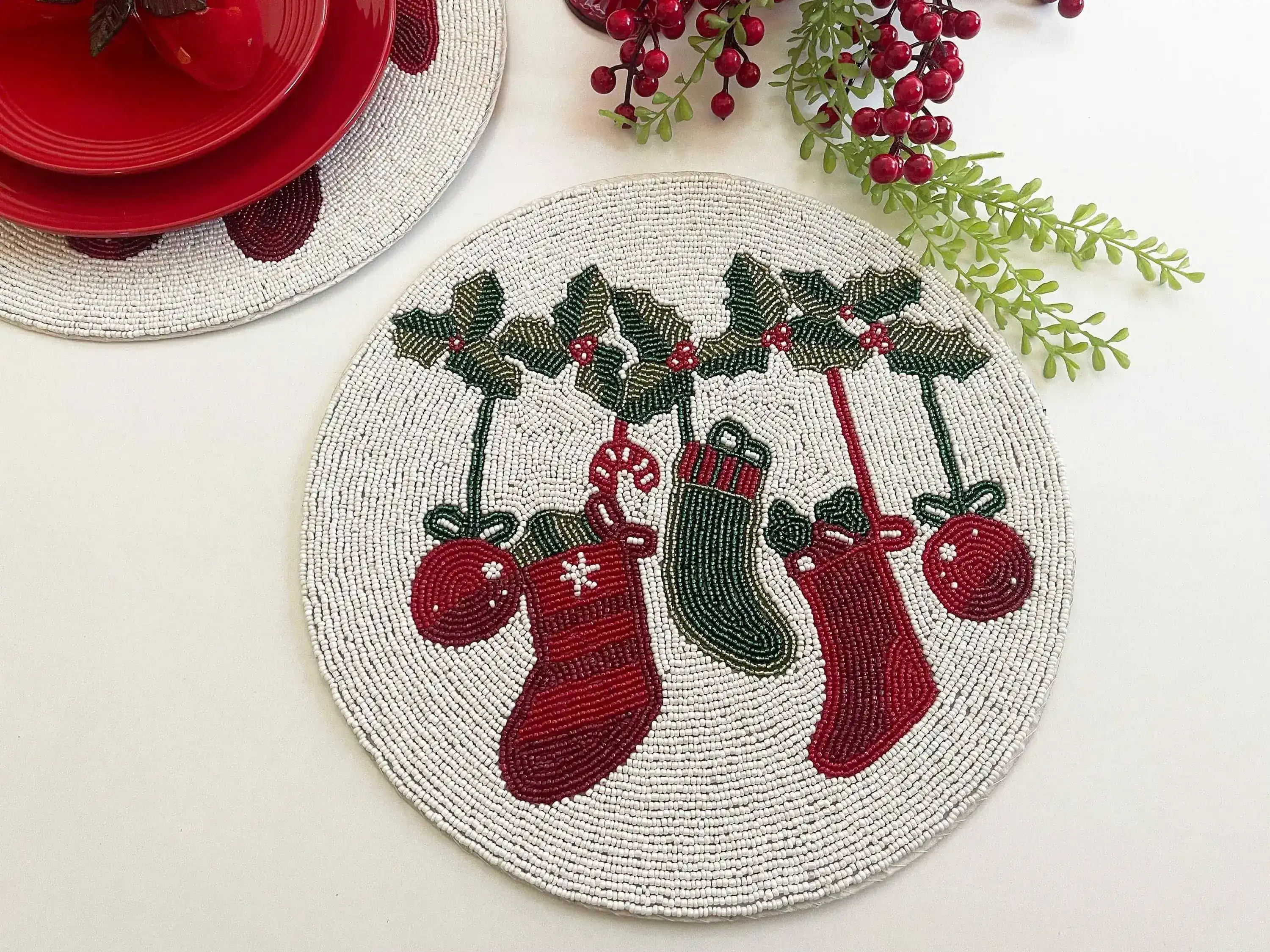 Christmas Stocking Round Beaded Placemat - Set of 6 - Image 3