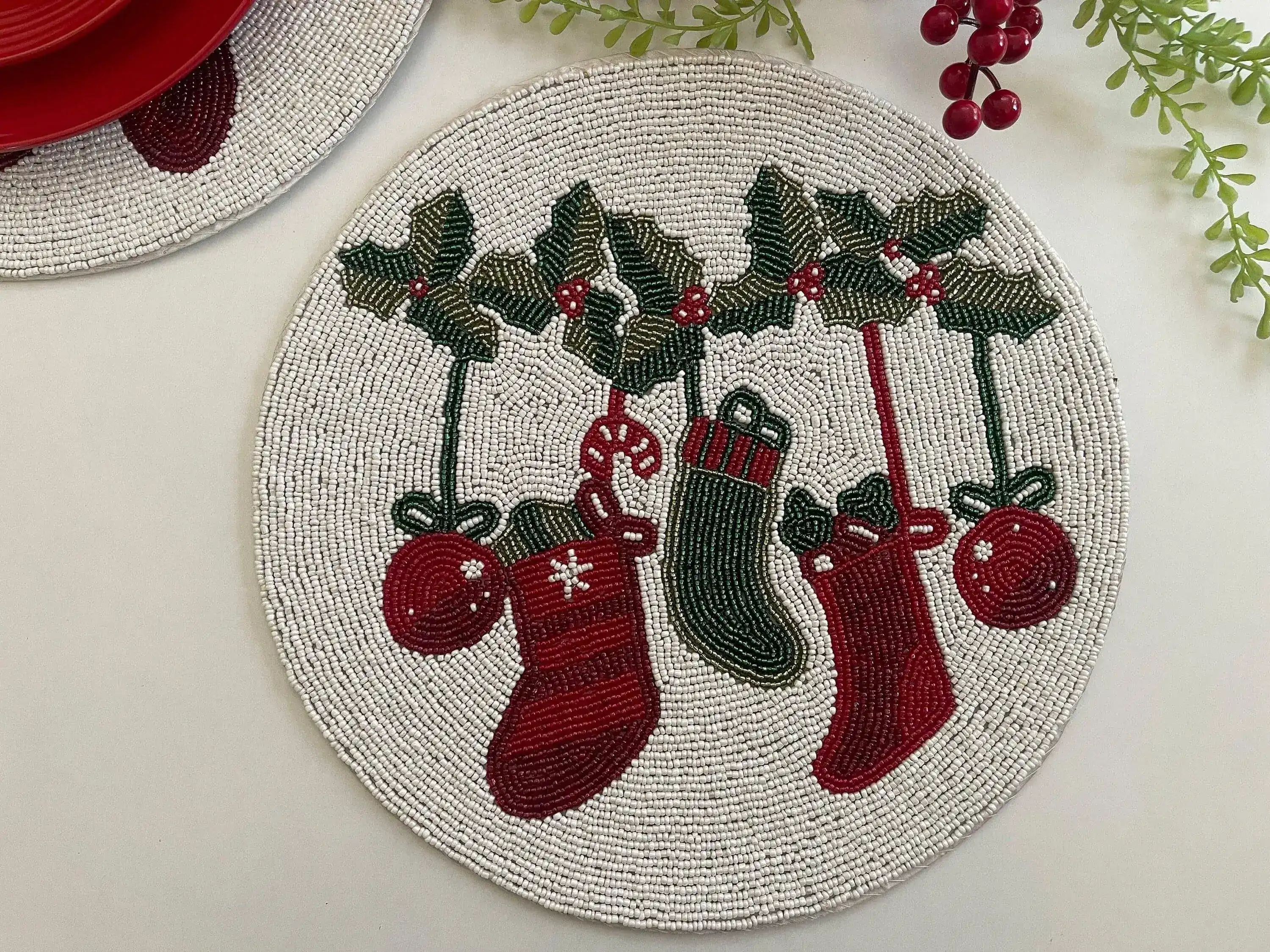 Christmas Stocking Round Beaded Placemat - Set of 6 - Image 5