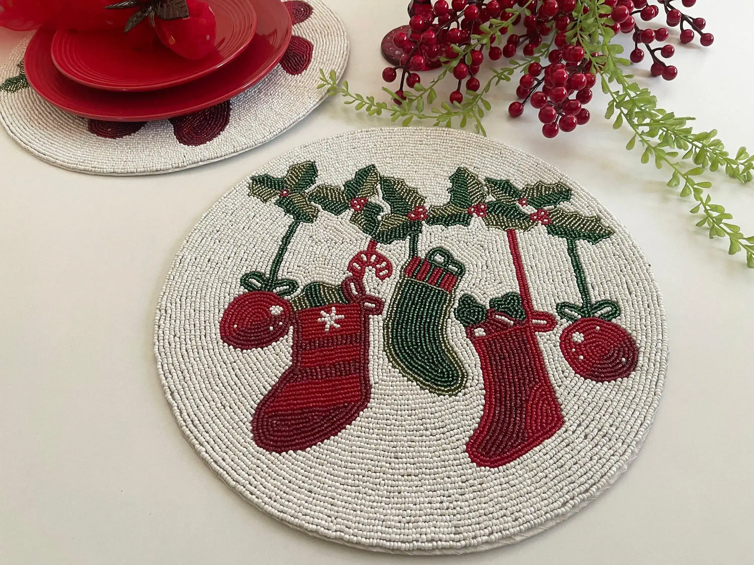 Christmas Stocking Round Beaded Placemat - Set of 6 - Image 6