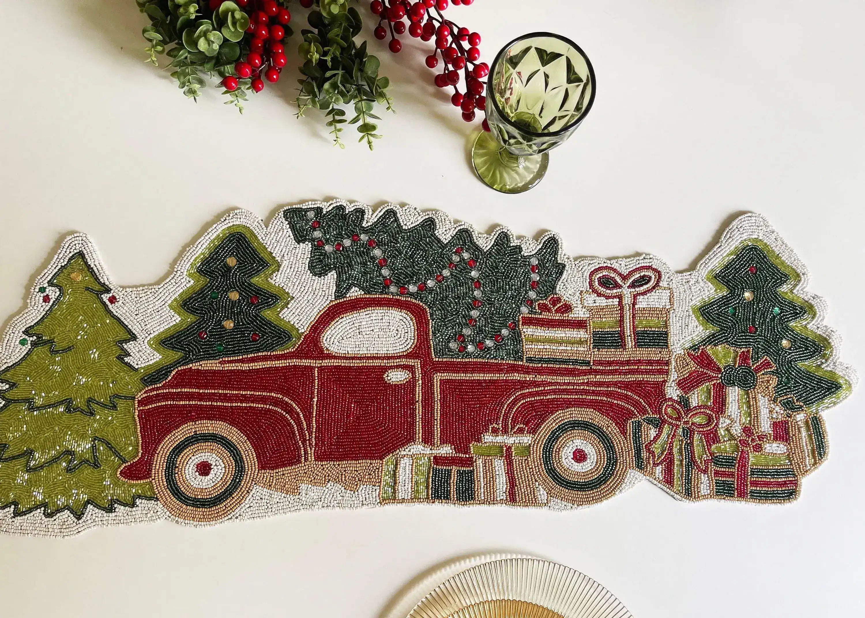 Christmas Trees and Red Trucks Beaded Table Runner - Image 4