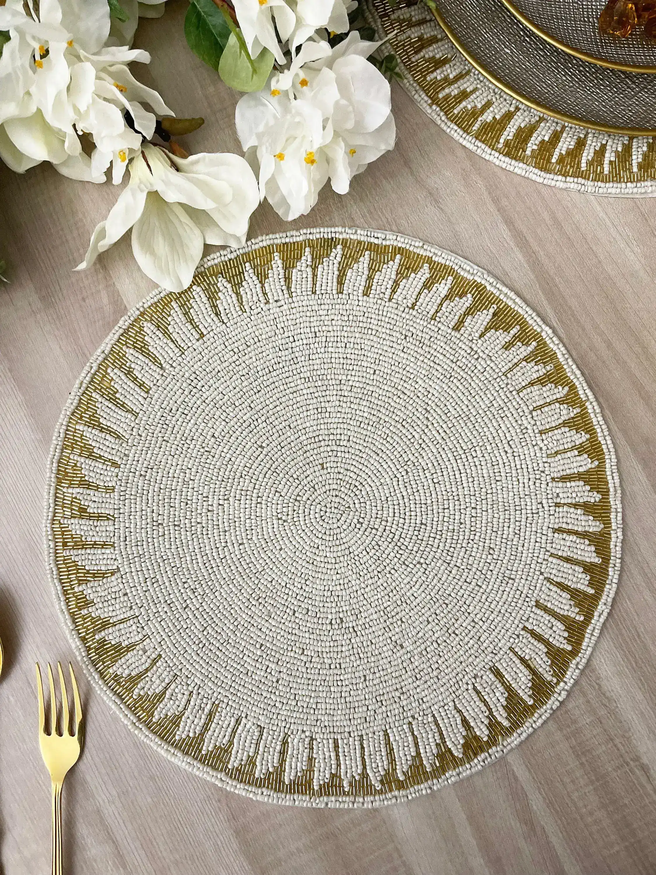 Christy Gold and White Round Beaded Placemat - Image 5