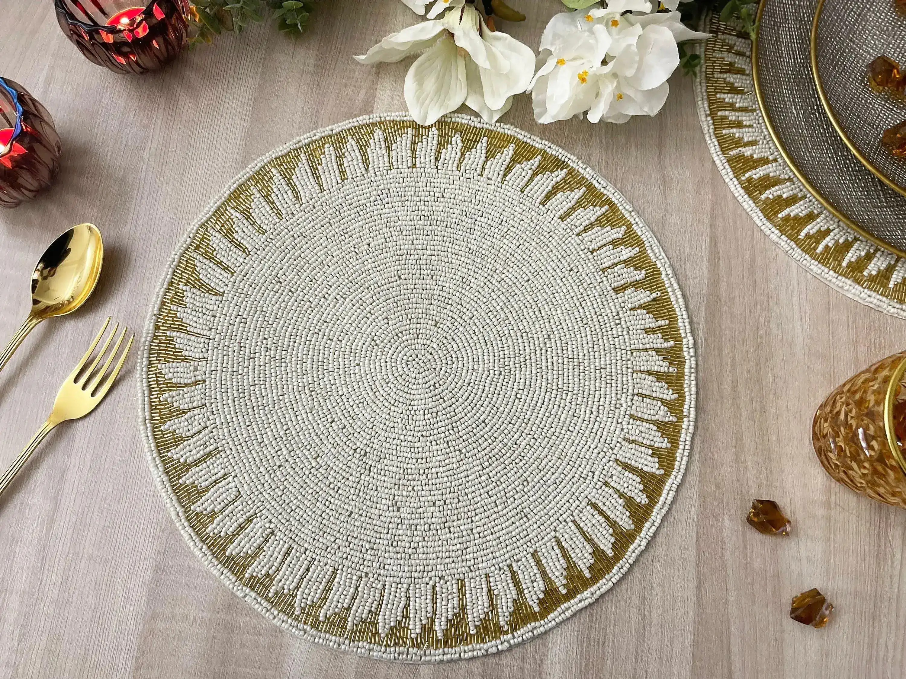Christy Gold and White Round Beaded Placemat - Image 6