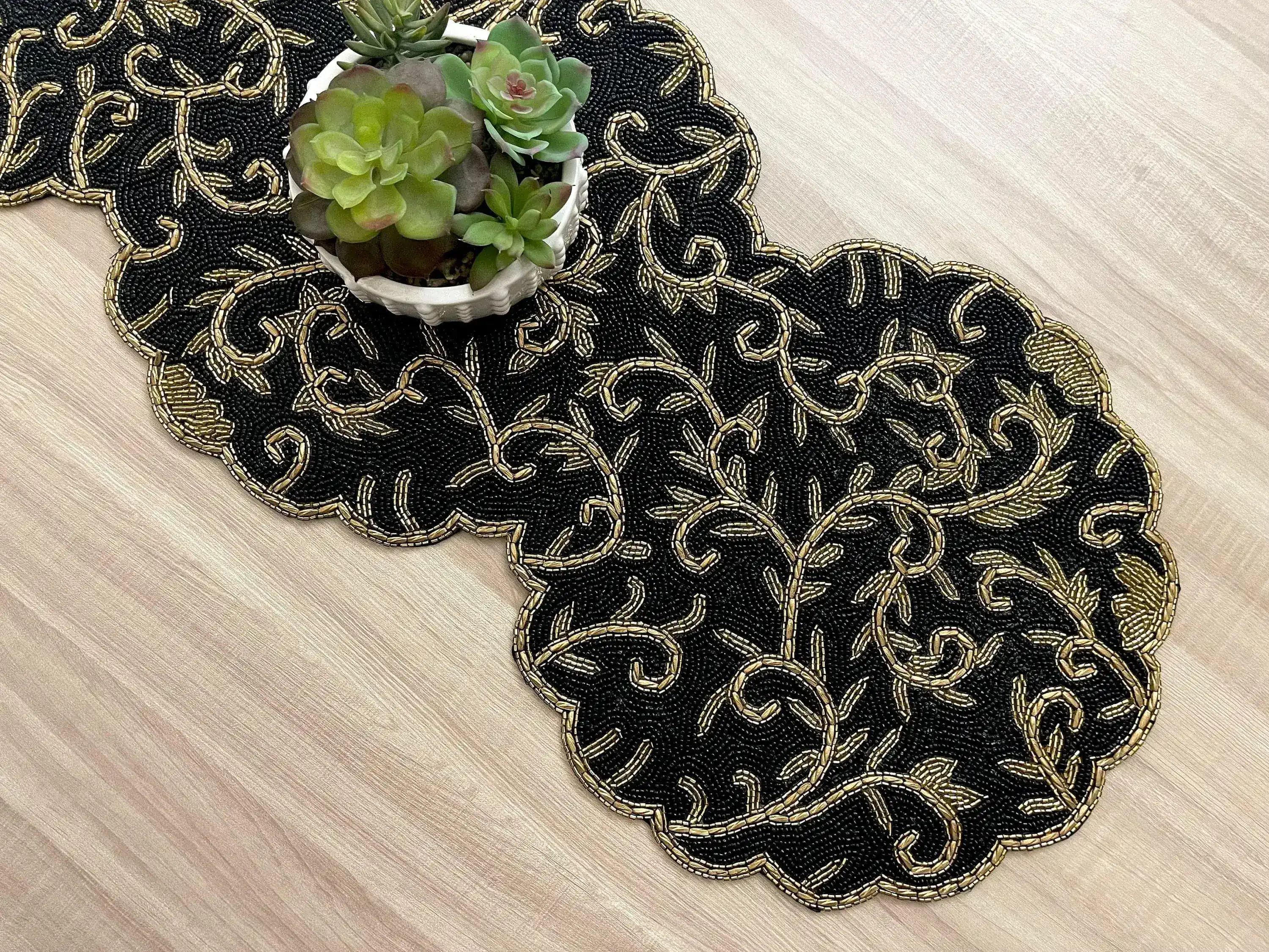 Classic Floral Motif Beaded Table Runner - Black/Gold - Image 5