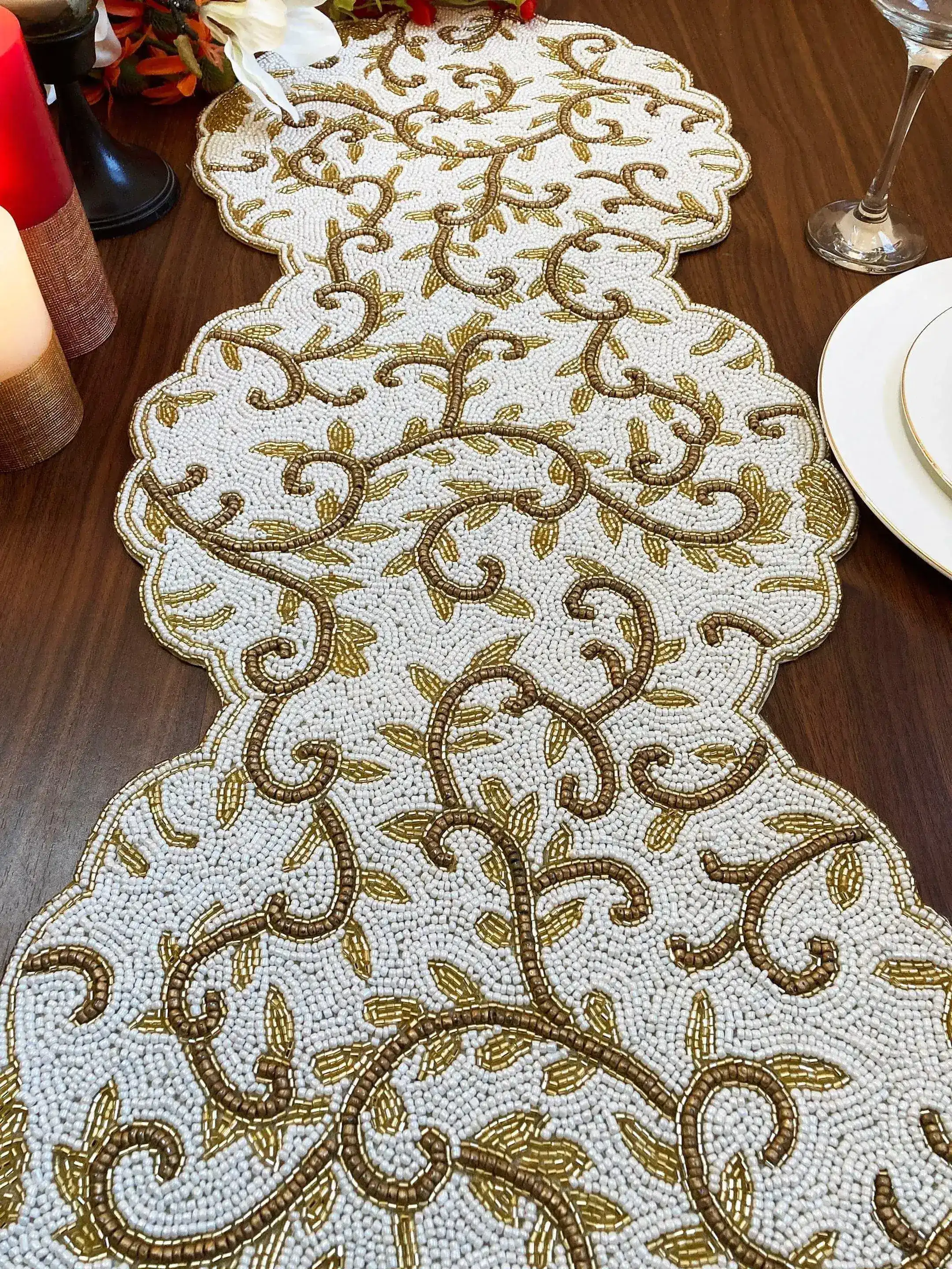 Classic Floral Motif Beaded Table Runner - White/Gold - Image 3