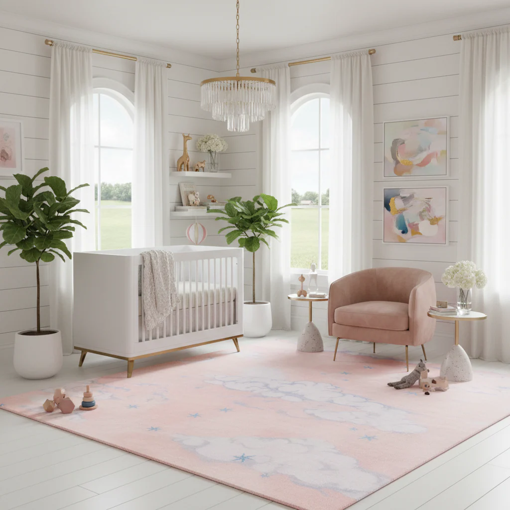 Clouds and Star Pink Sky Hand Tufted Wool Rug - Image 2