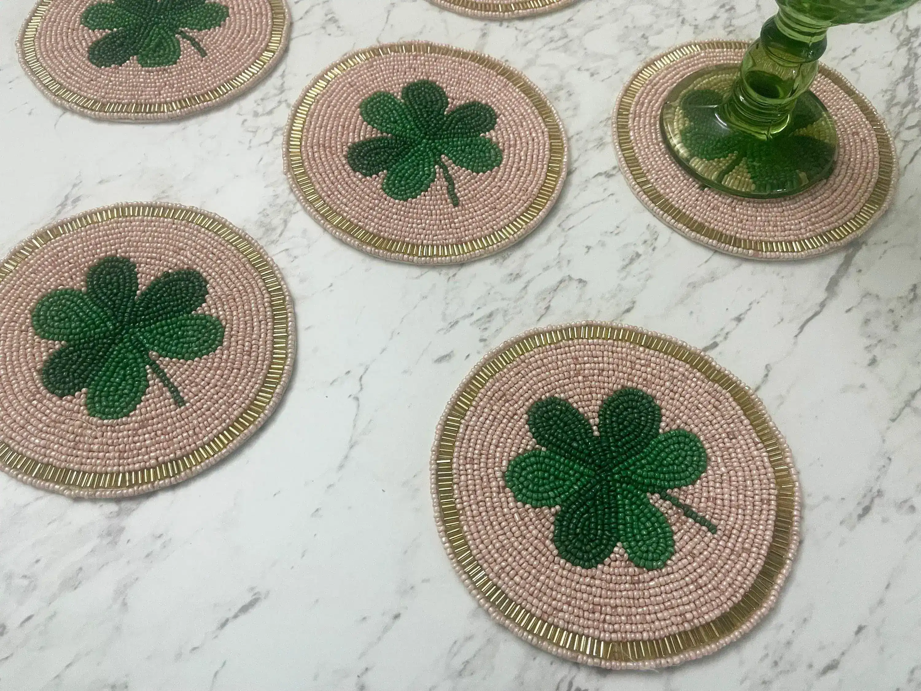 Clover Leaf Shamrock Beaded Round Coasters - Image 7