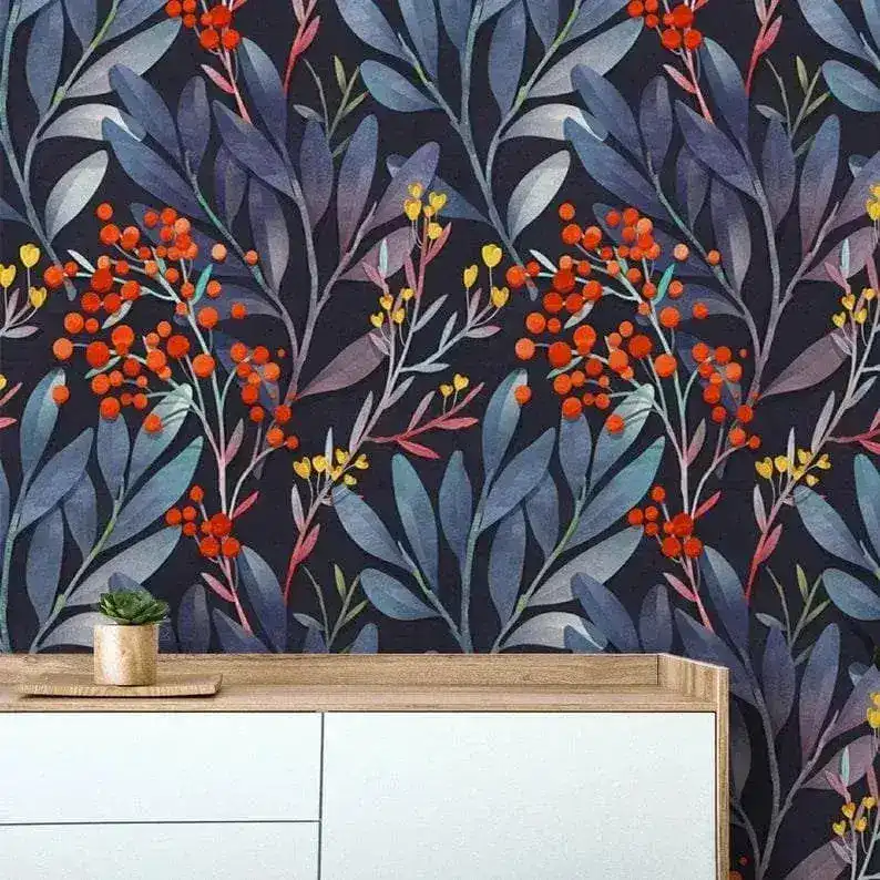 Colorful Ferns and Red Floral Wallpaper