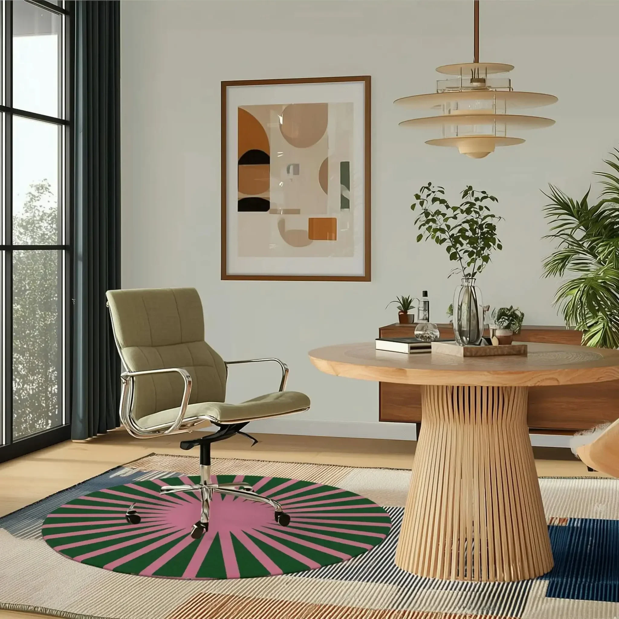 Contemporary Green and Pink Ray Round Hand Tufted Wool Rug - Image 3