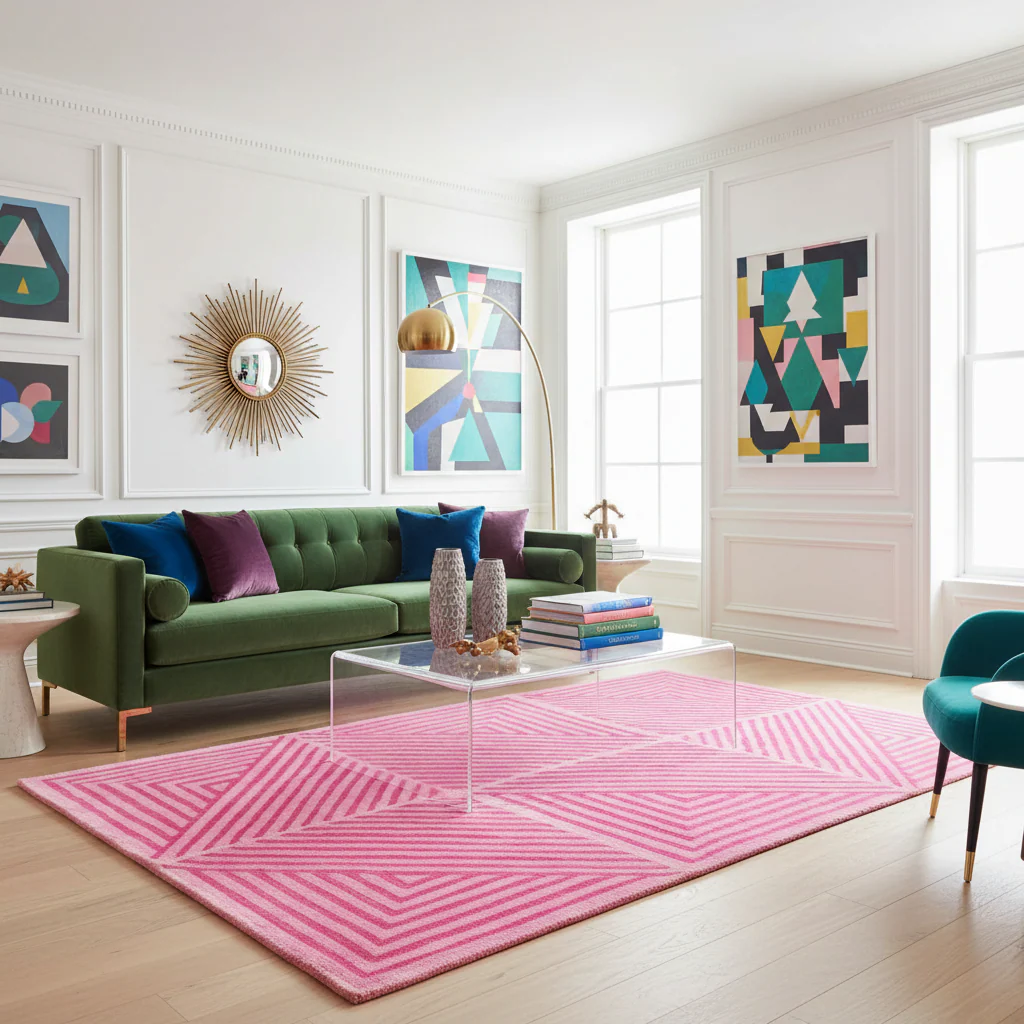Contemporary Hot Pink Geometric Hand Tufted Wool Rug - Image 2