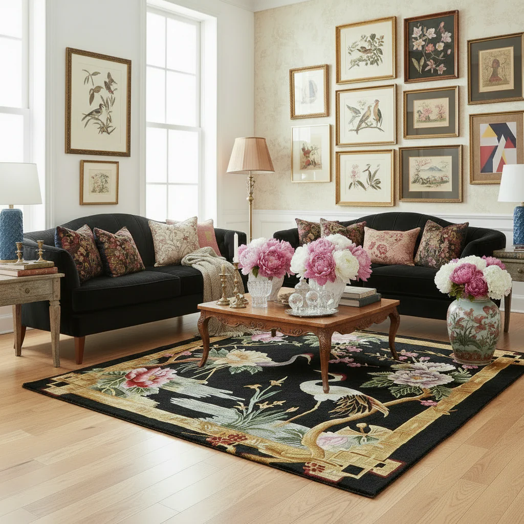 Cranes in Floral Harmony Hand Tufted Rug - Image 2