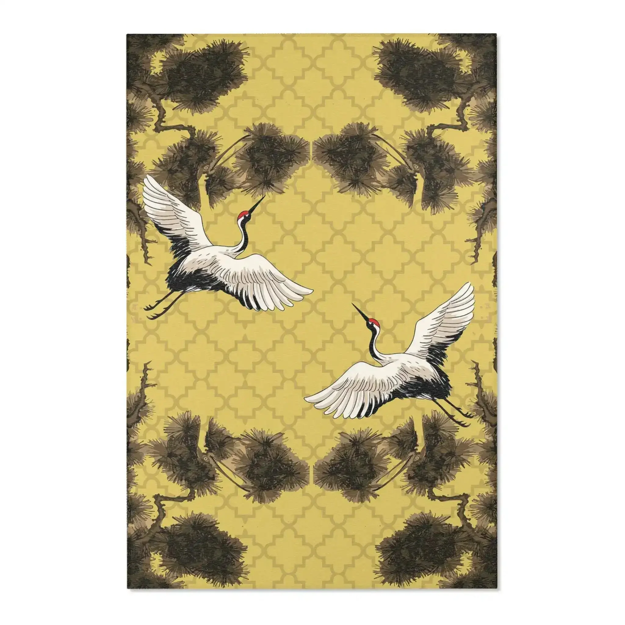 Dancing Cranes on Golden Lattice Accent Rug - Image 3