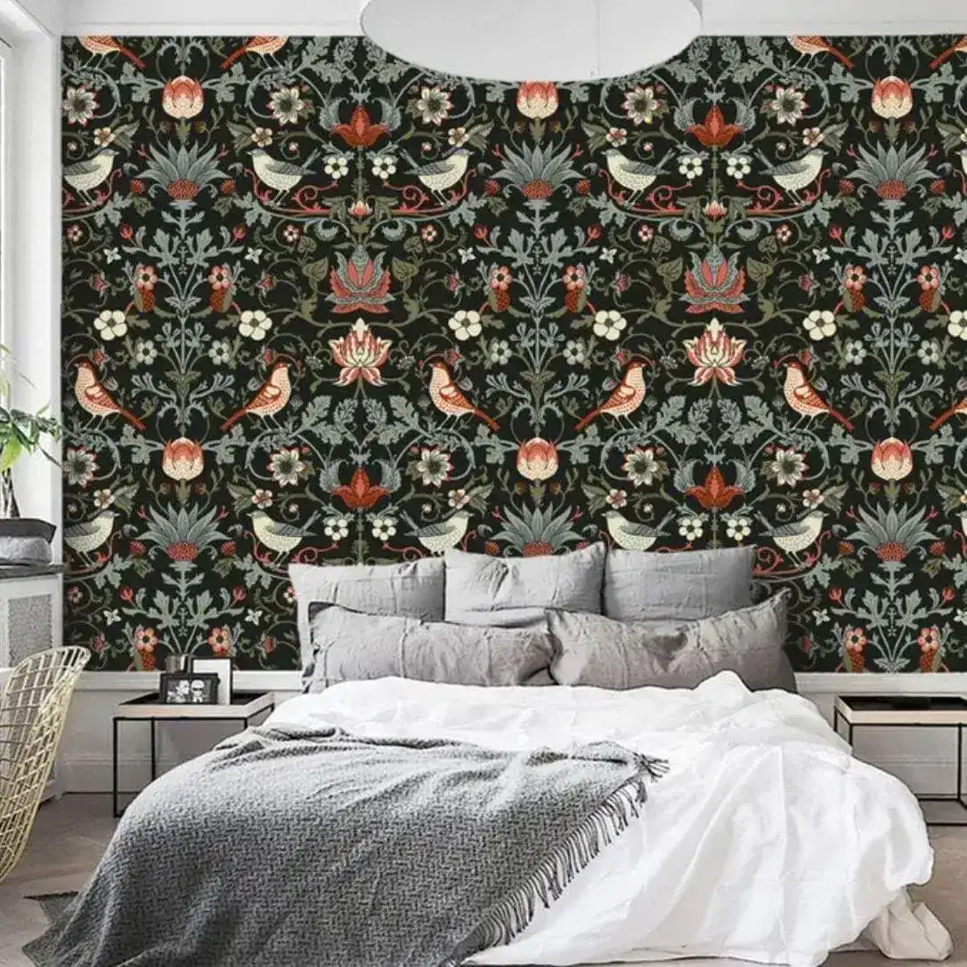 Dark and Red Floral Birds Wallpaper - Image 4