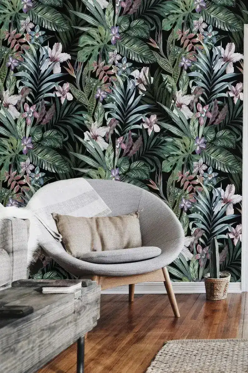 Dark Blossoming Tropical Floral Wallpaper - Image 3