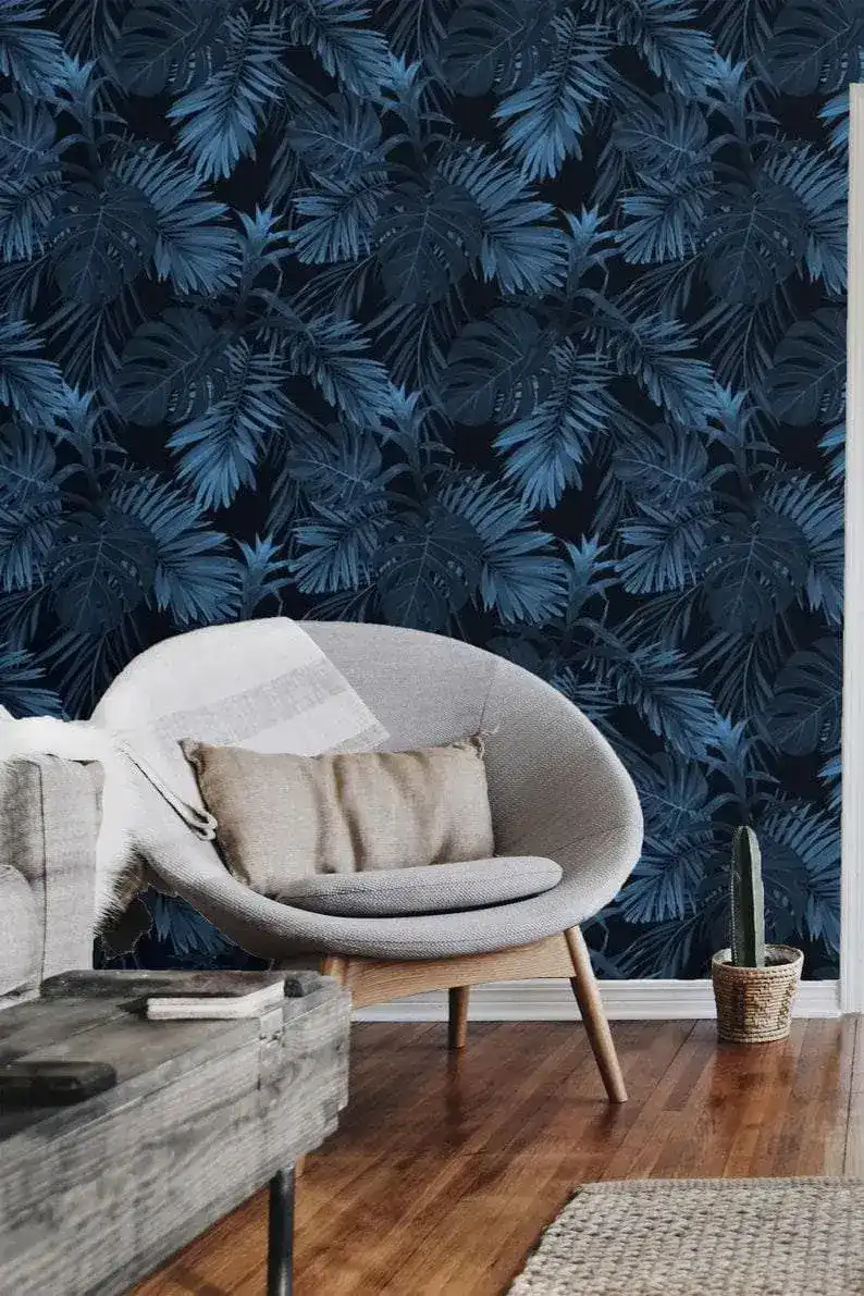 Dark Blue and Black Large Tropical Foliage Wallpaper - Image 6
