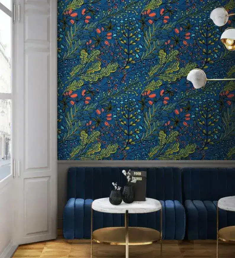 Dark Blue Watercolor Botanical and Floral Wallpaper - Image 2