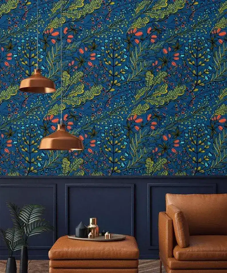Dark Blue Watercolor Botanical and Floral Wallpaper - Image 3