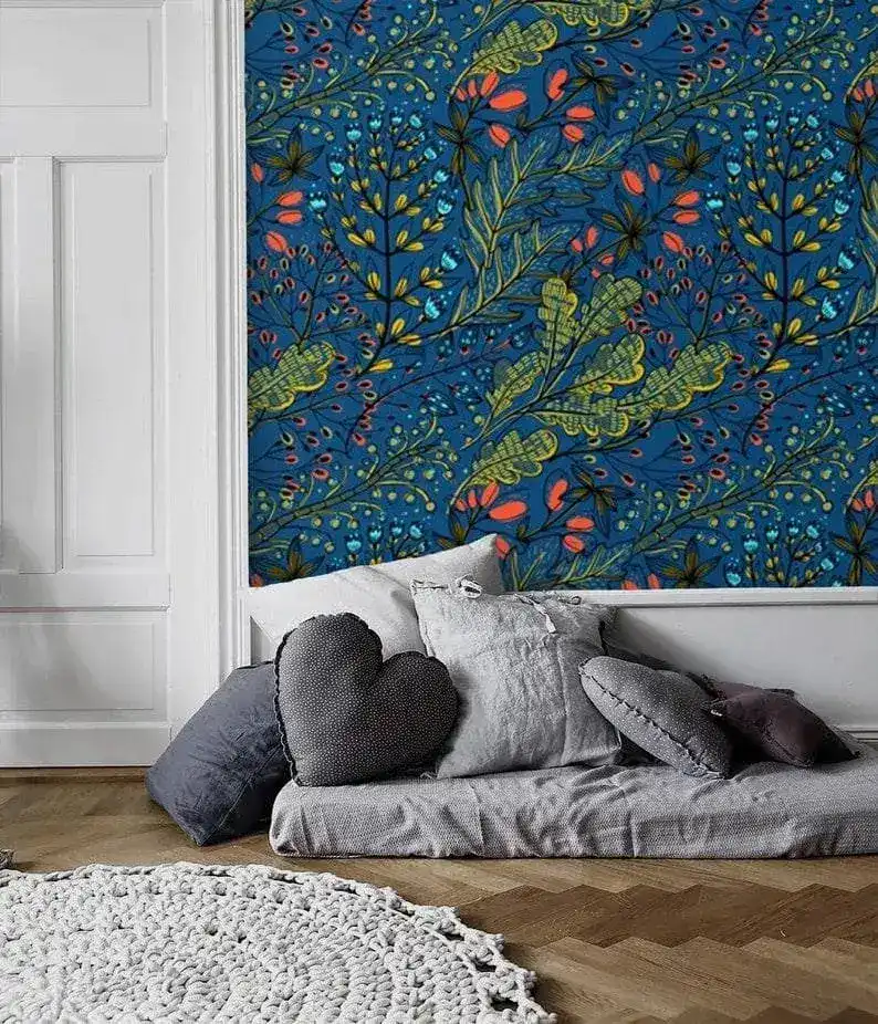 Dark Blue Watercolor Botanical and Floral Wallpaper - Image 4