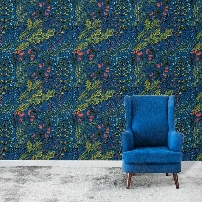 Dark Blue Watercolor Botanical and Floral Wallpaper - Image 5