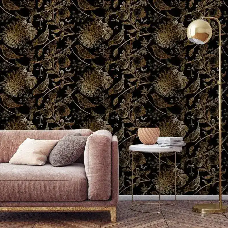 Dark Golden Birds and Botanical Floral Wallpaper - Image 2