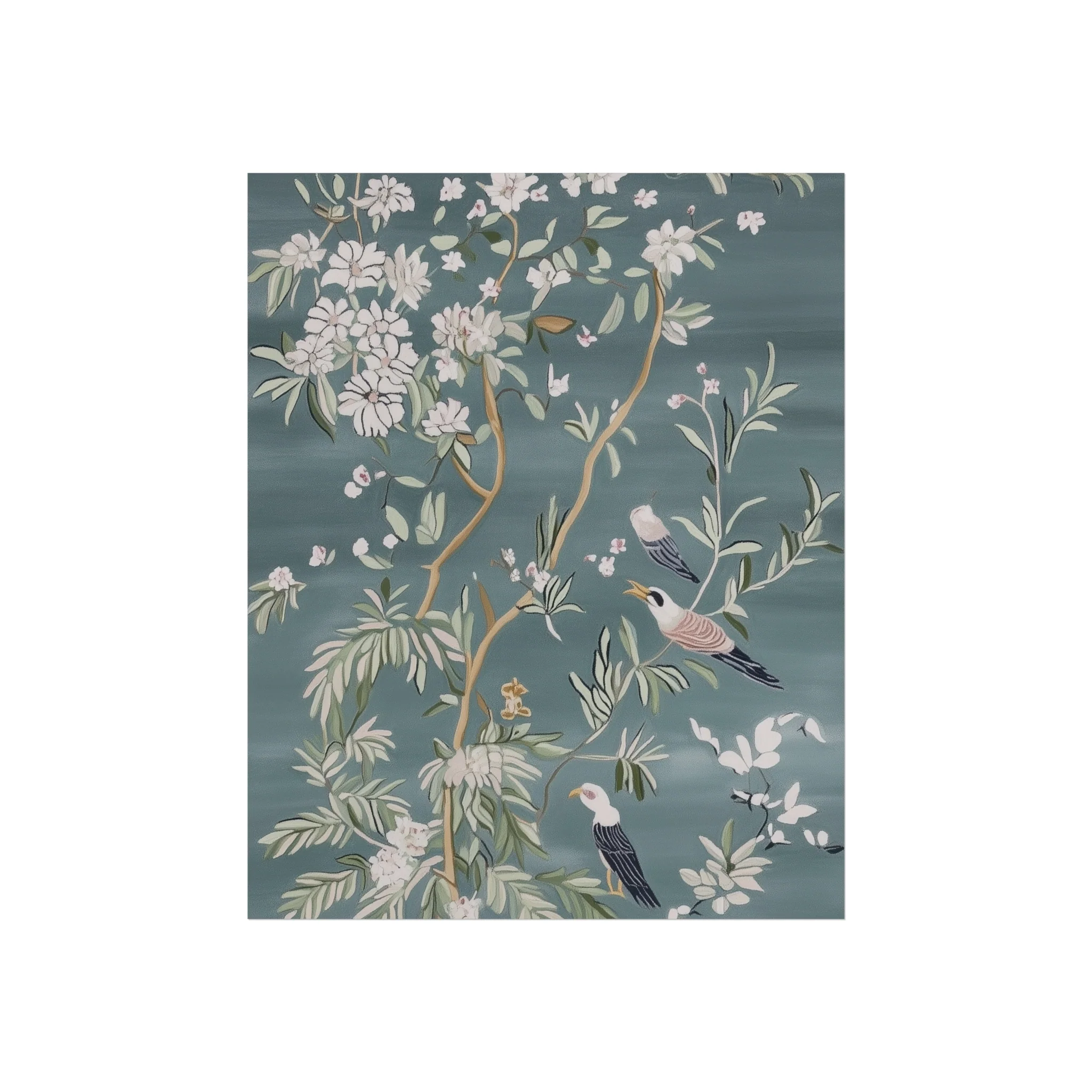 Dark Gray Chinoiserie Birds and Floral Scene Fine Art Poster