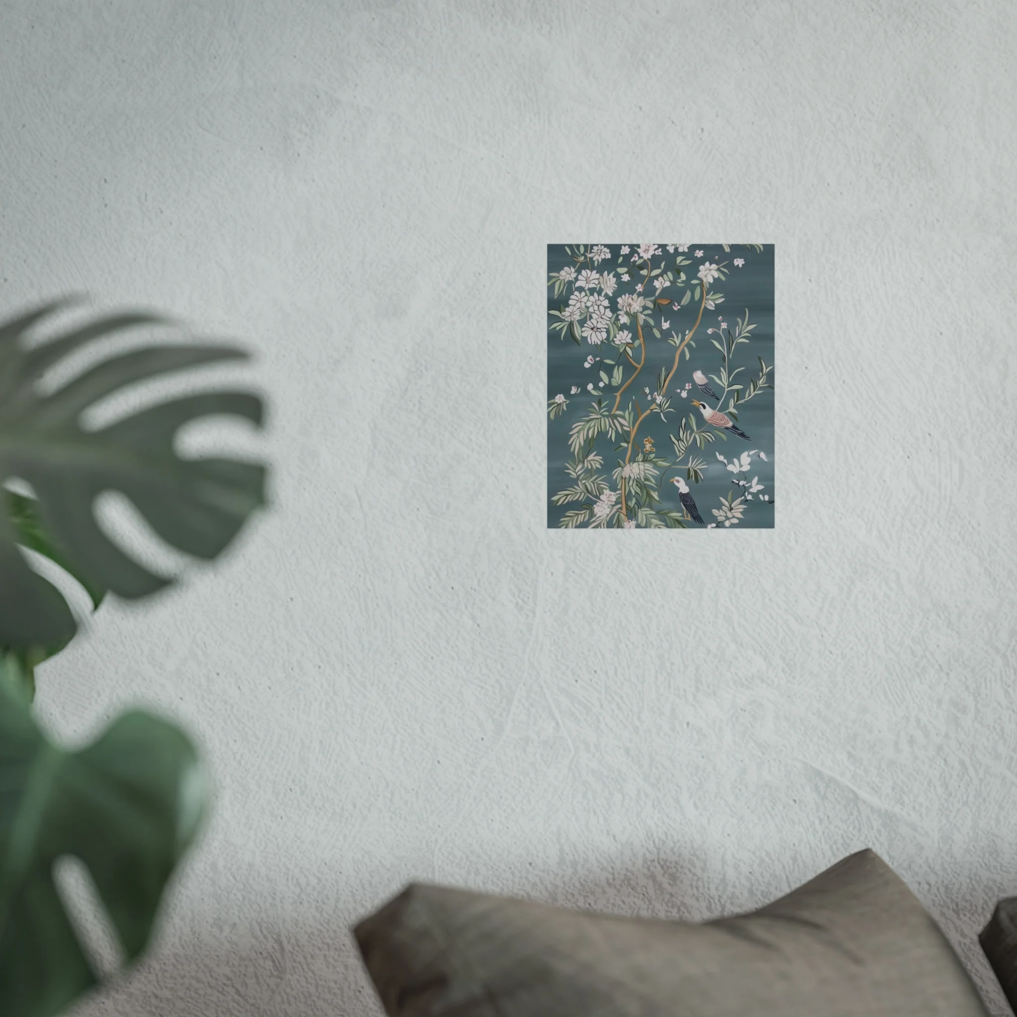 Dark Gray Chinoiserie Birds and Floral Scene Fine Art Poster - Image 17