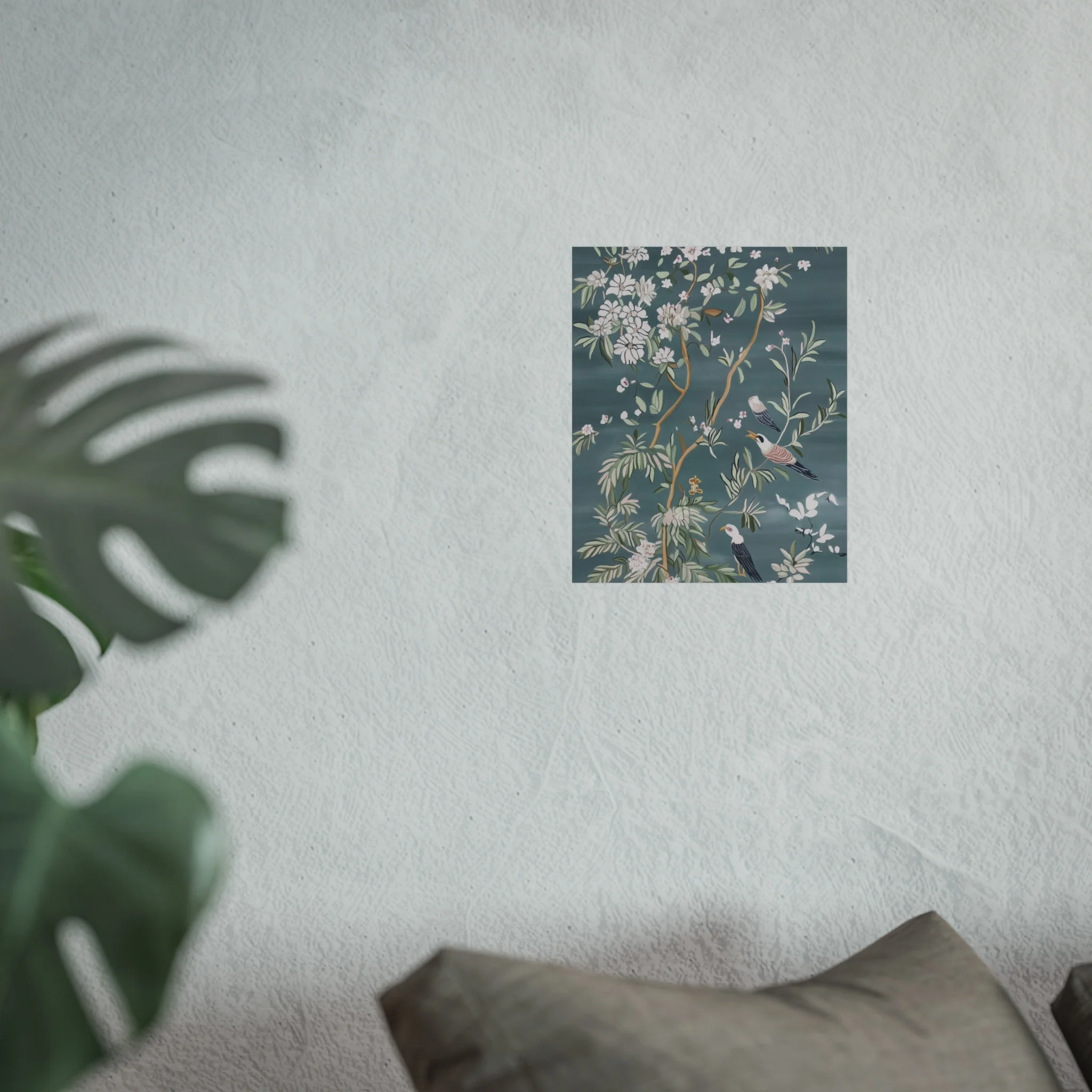 Dark Gray Chinoiserie Birds and Floral Scene Fine Art Poster - Image 21