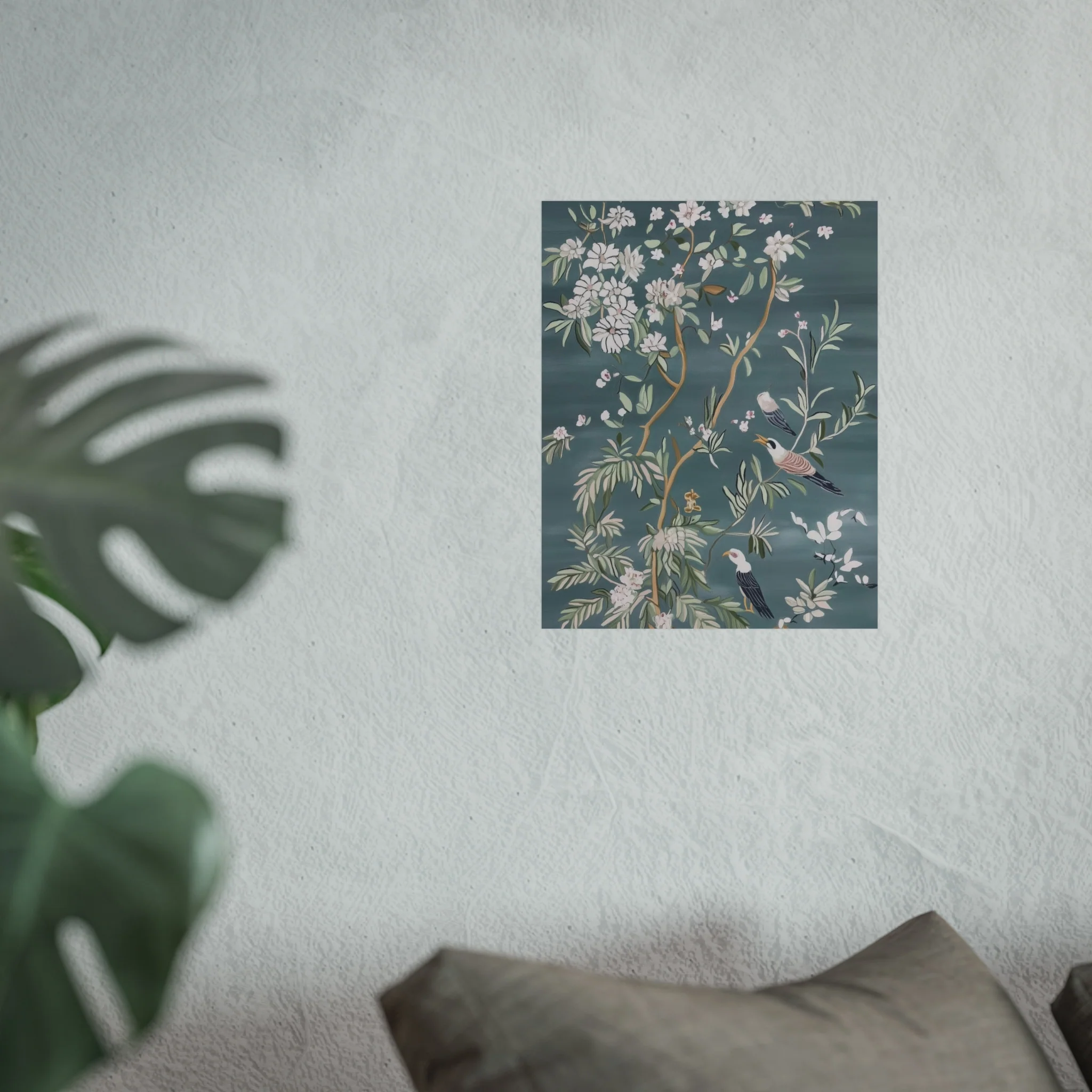 Dark Gray Chinoiserie Birds and Floral Scene Fine Art Poster - Image 23