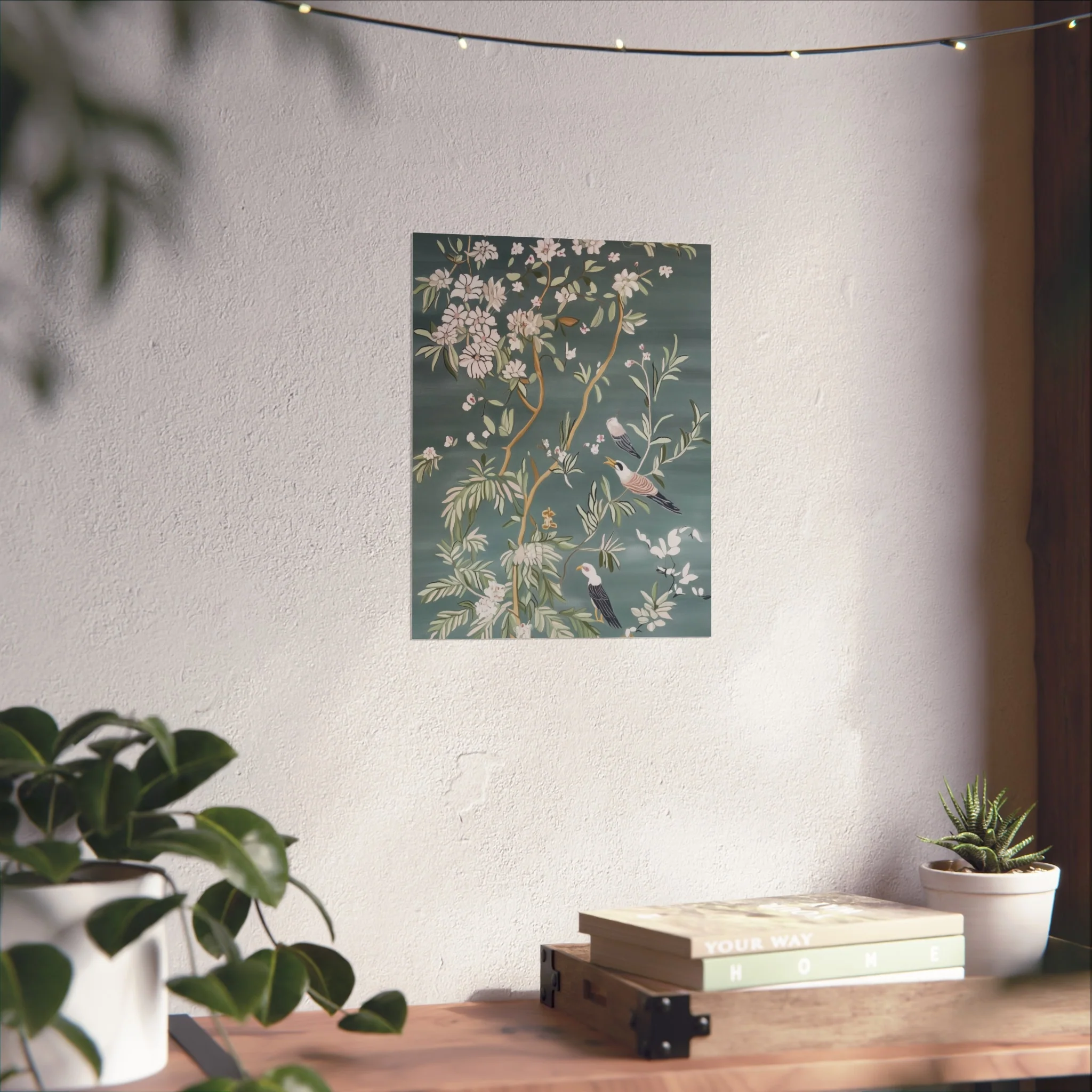 Dark Gray Chinoiserie Birds and Floral Scene Fine Art Poster - Image 24