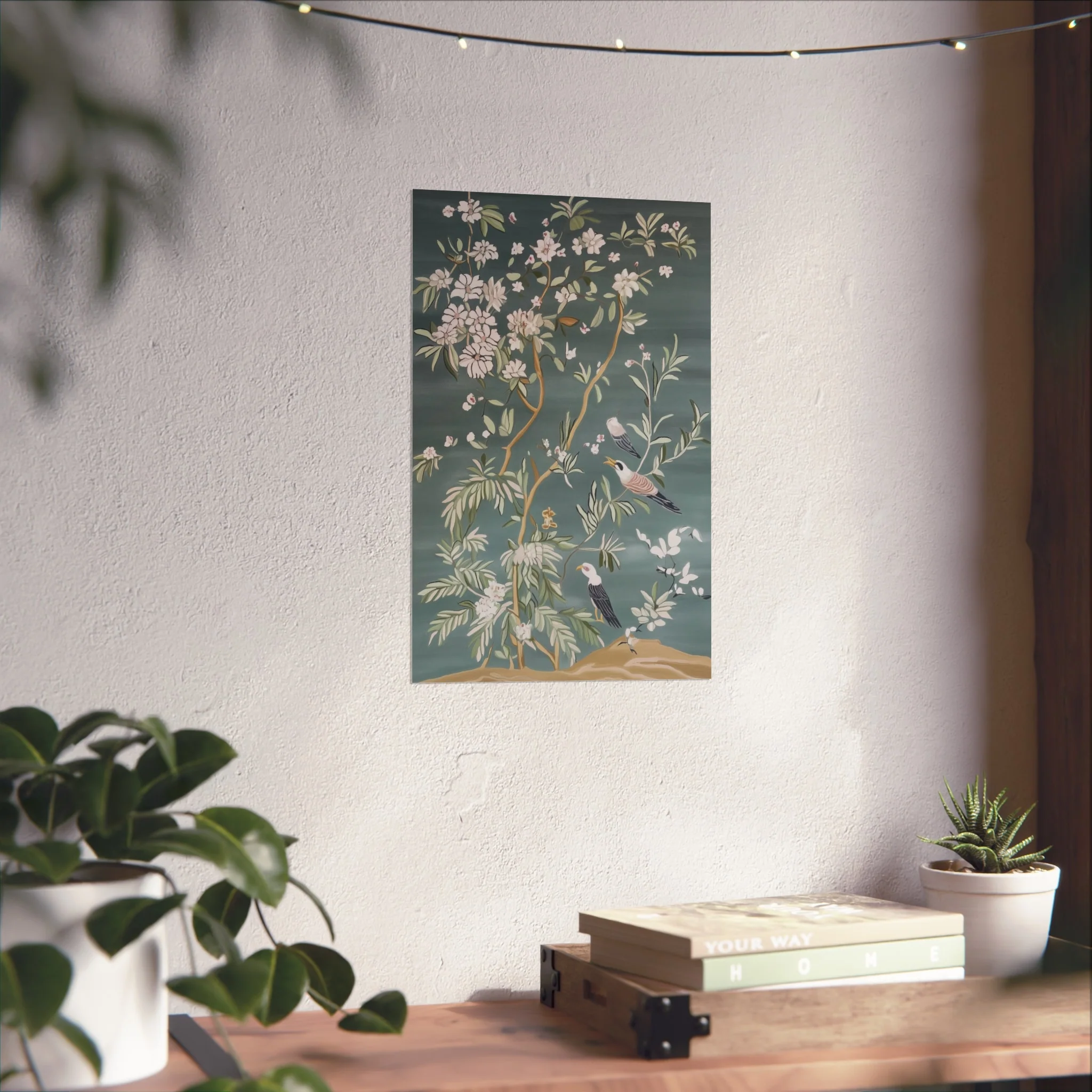 Dark Gray Chinoiserie Birds and Floral Scene Fine Art Poster - Image 26