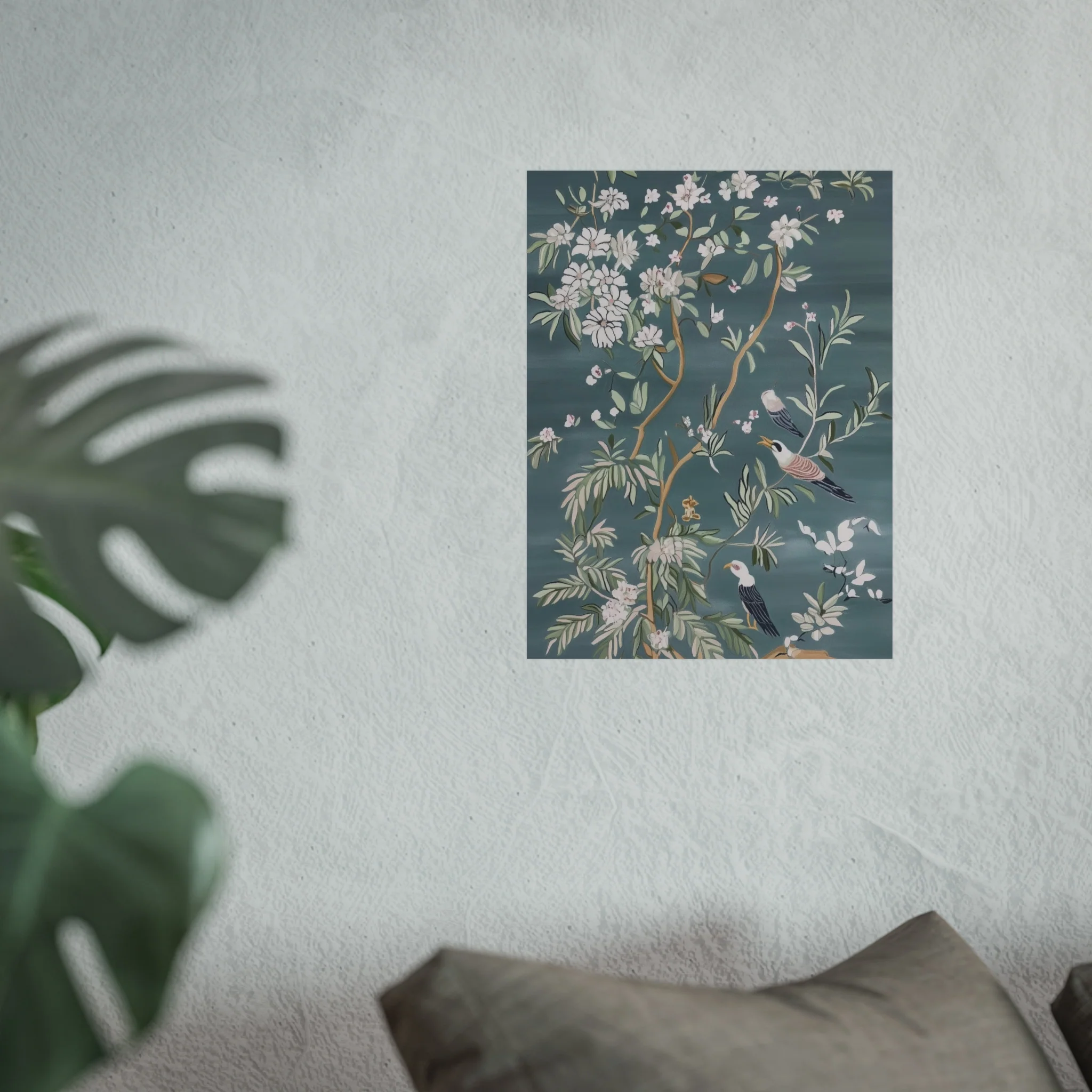 Dark Gray Chinoiserie Birds and Floral Scene Fine Art Poster - Image 27