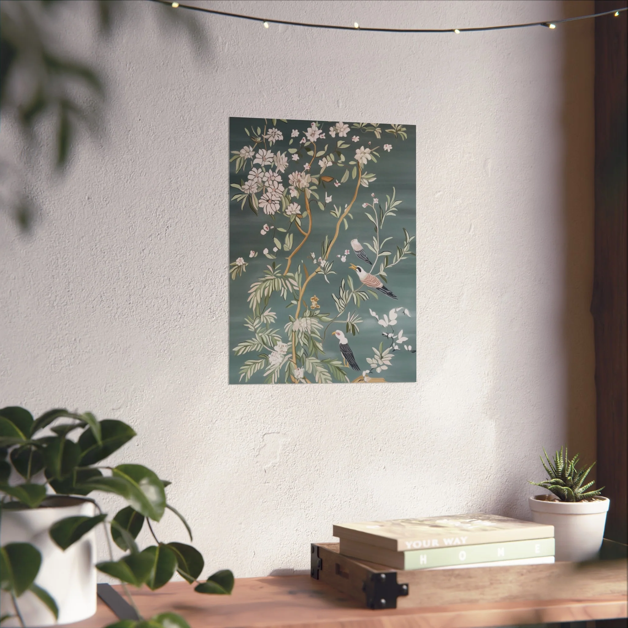 Dark Gray Chinoiserie Birds and Floral Scene Fine Art Poster - Image 28