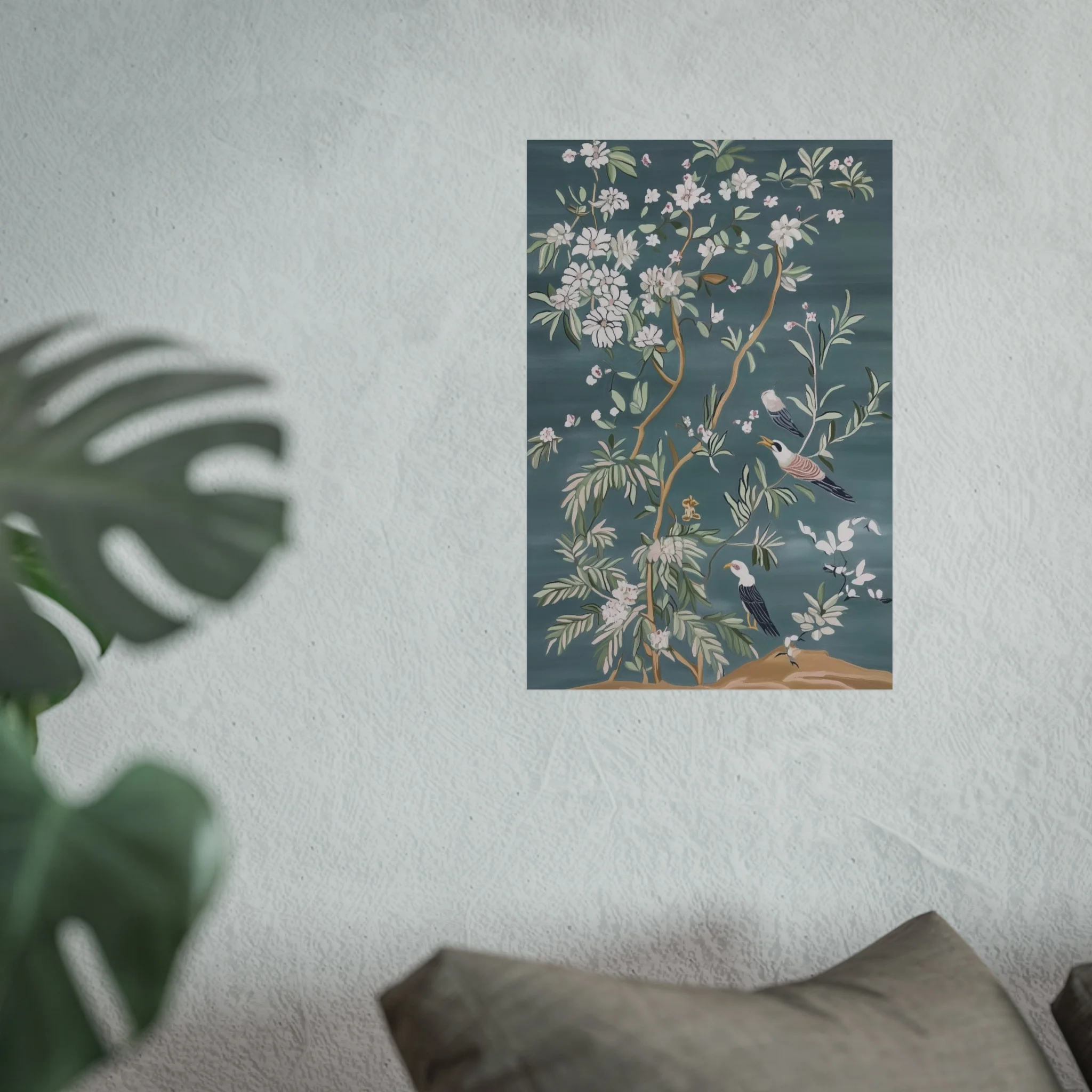 Dark Gray Chinoiserie Birds and Floral Scene Fine Art Poster - Image 29