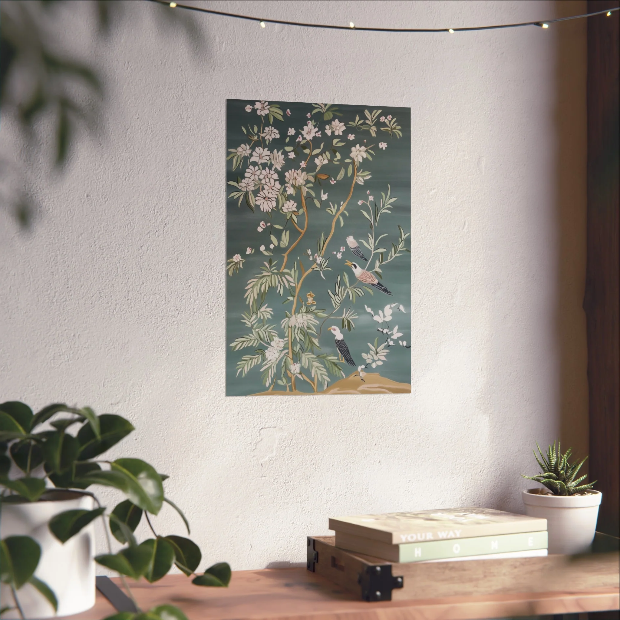 Dark Gray Chinoiserie Birds and Floral Scene Fine Art Poster - Image 30