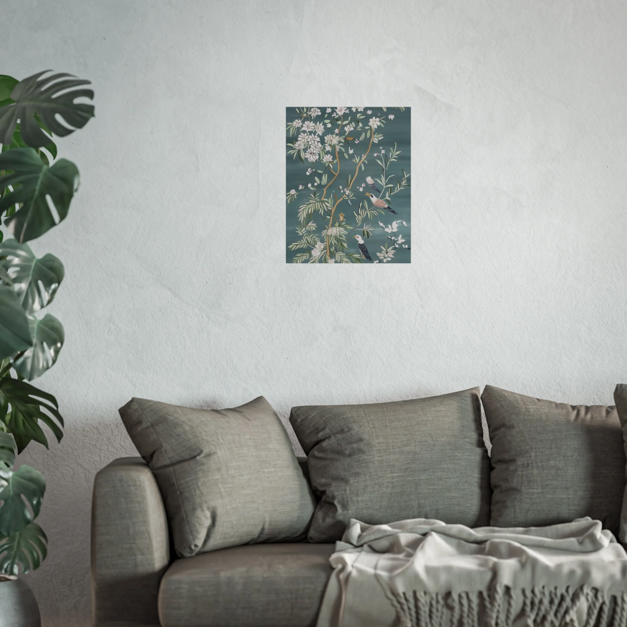 Dark Gray Chinoiserie Birds and Floral Scene Fine Art Poster - Image 31