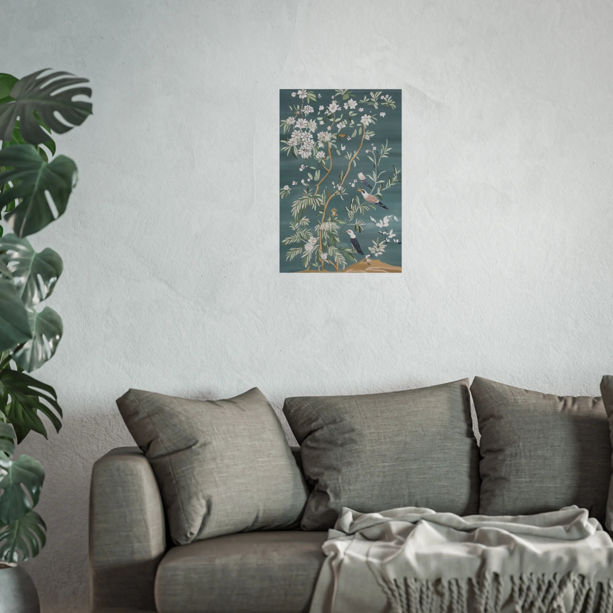 Dark Gray Chinoiserie Birds and Floral Scene Fine Art Poster - Image 33