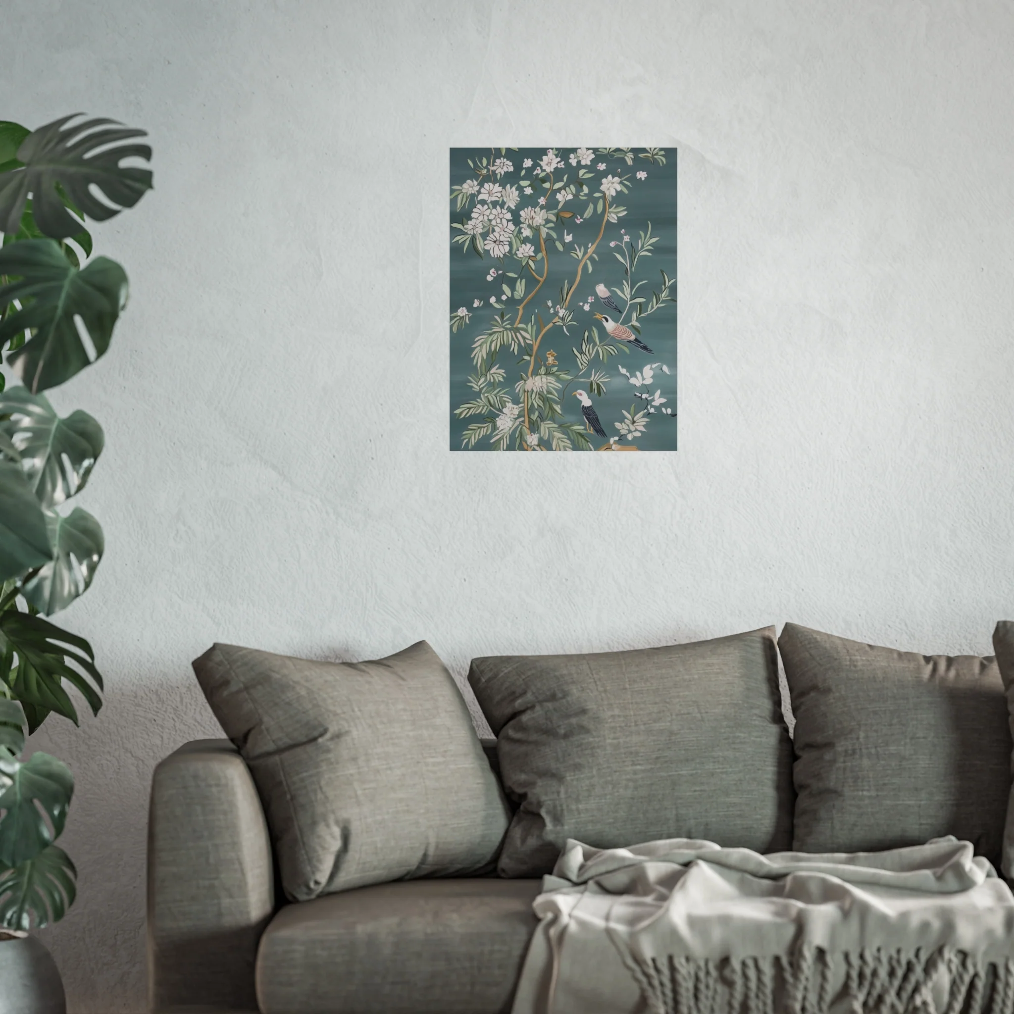 Dark Gray Chinoiserie Birds and Floral Scene Fine Art Poster - Image 35