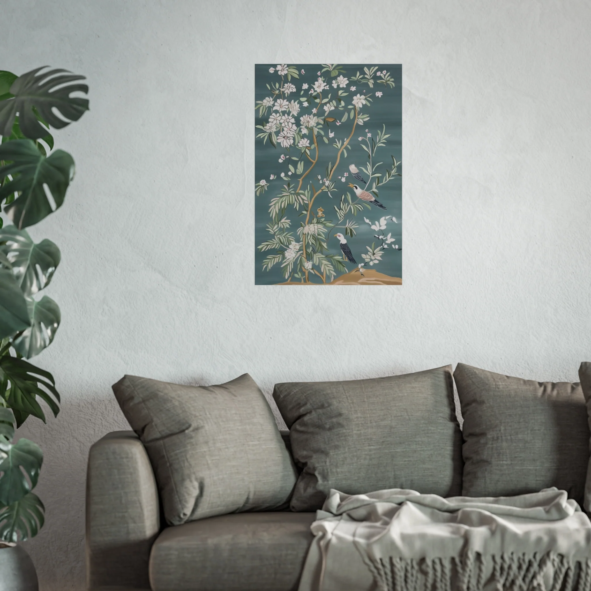 Dark Gray Chinoiserie Birds and Floral Scene Fine Art Poster - Image 37