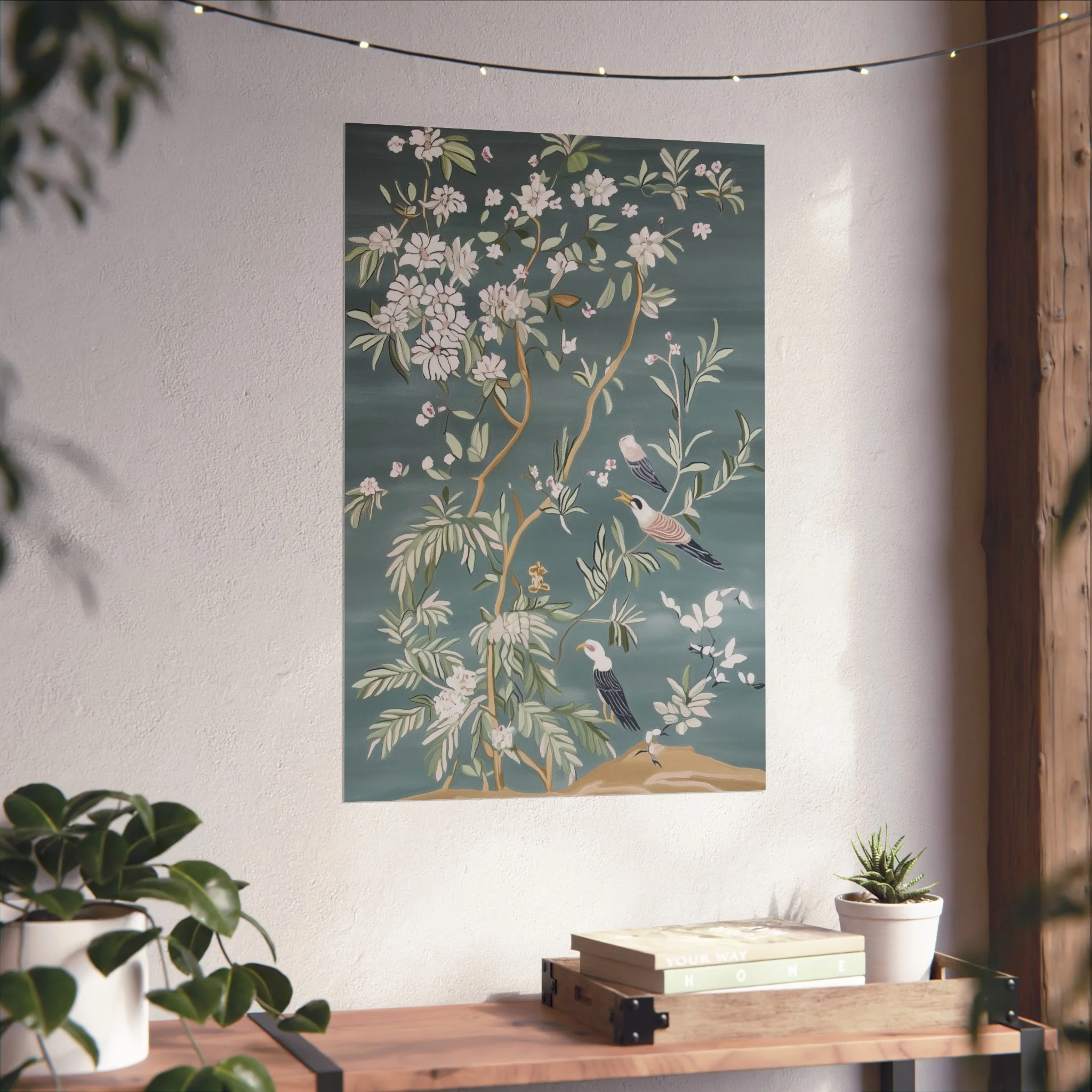 Dark Gray Chinoiserie Birds and Floral Scene Fine Art Poster - Image 38