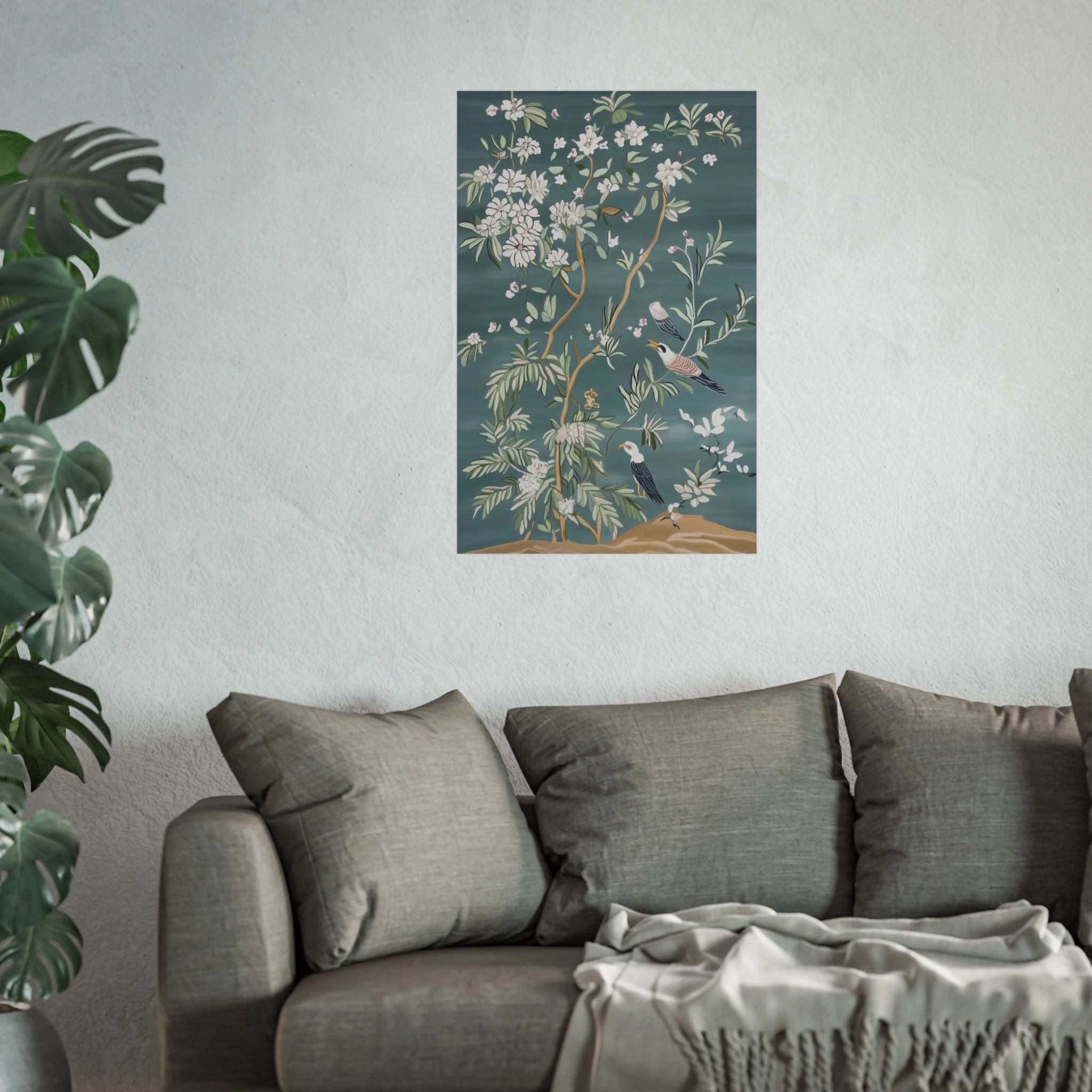 Dark Gray Chinoiserie Birds and Floral Scene Fine Art Poster - Image 39
