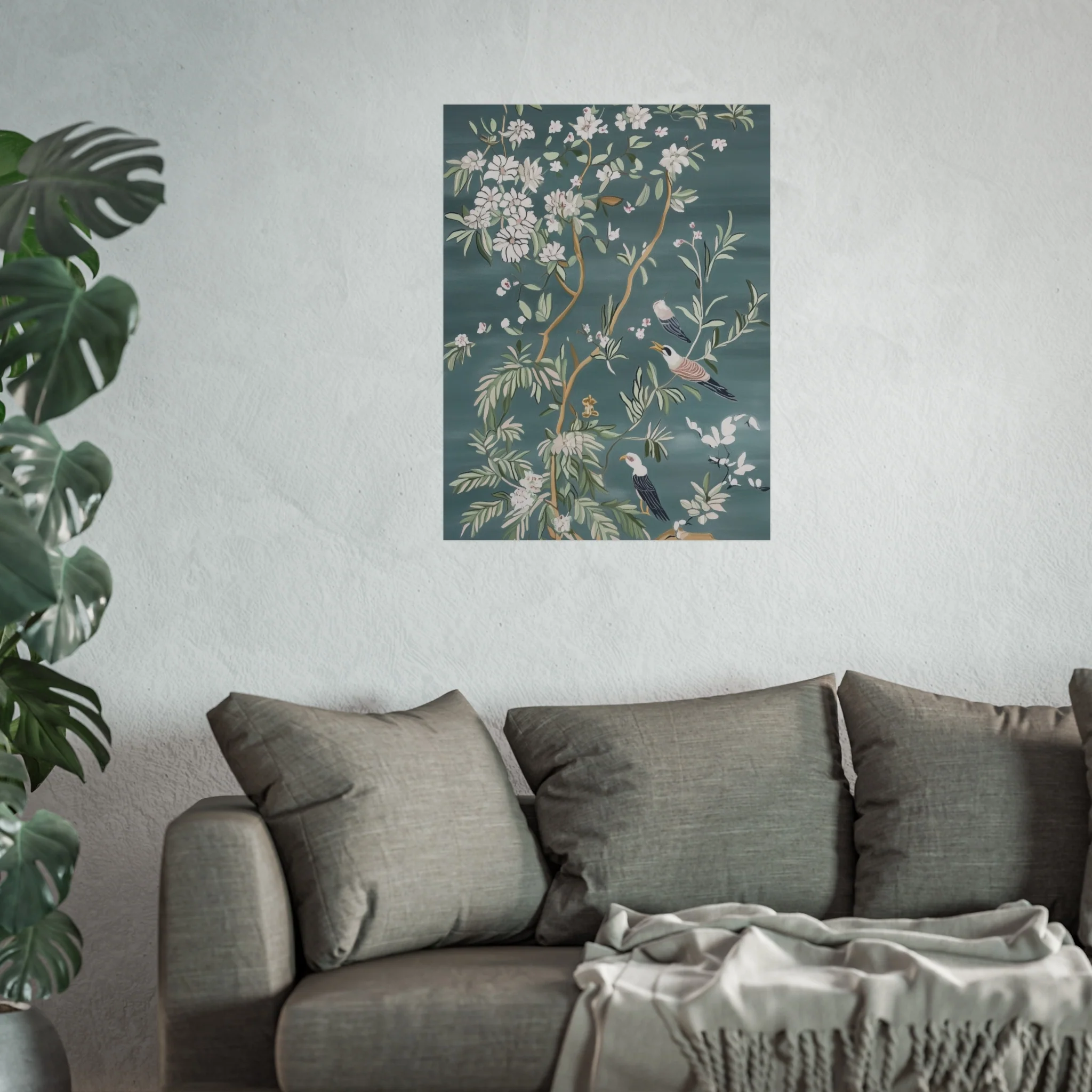 Dark Gray Chinoiserie Birds and Floral Scene Fine Art Poster - Image 41